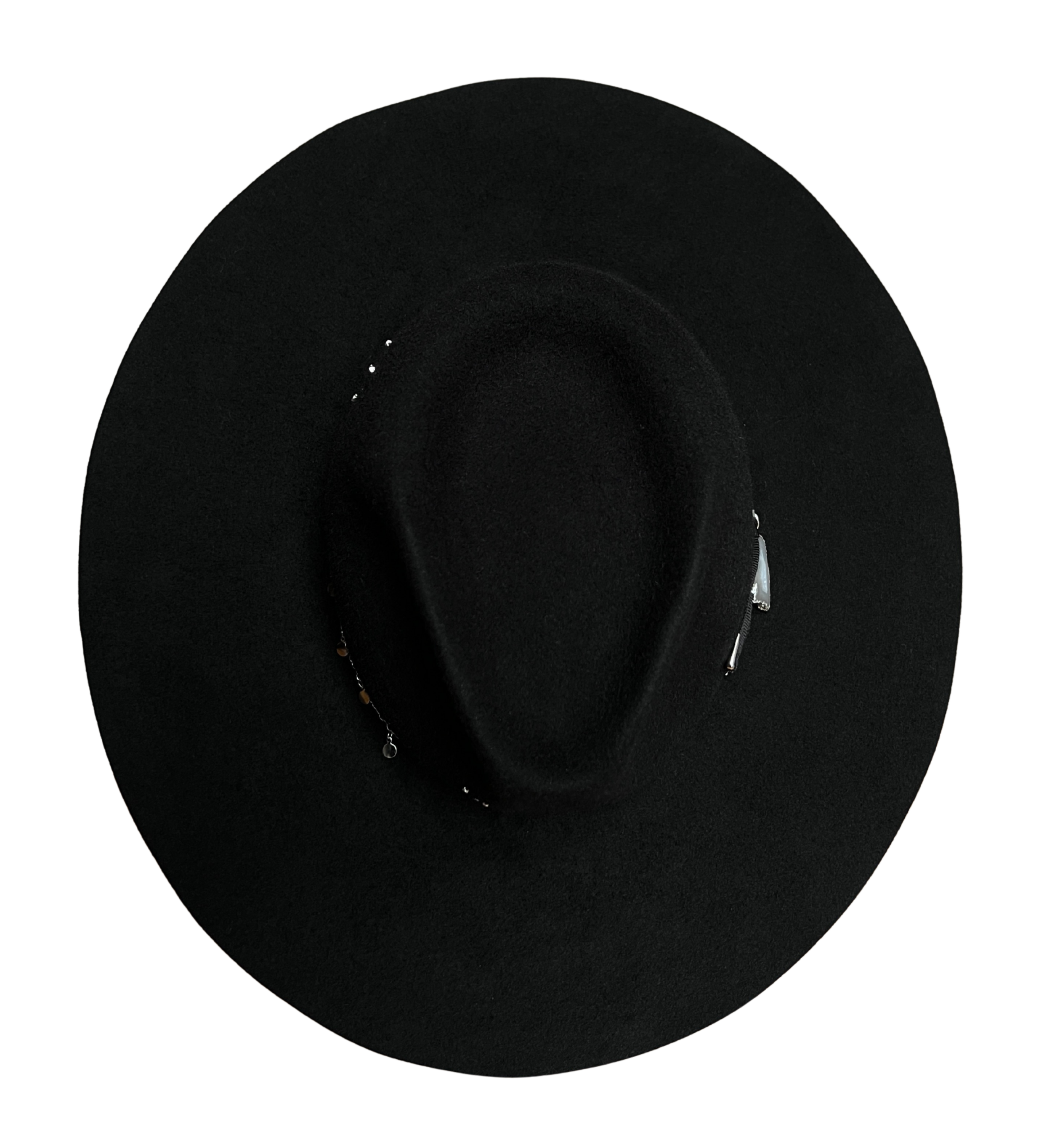 Luxury handcrafted black felt hat with wide brim and signature Tihu ribbon.