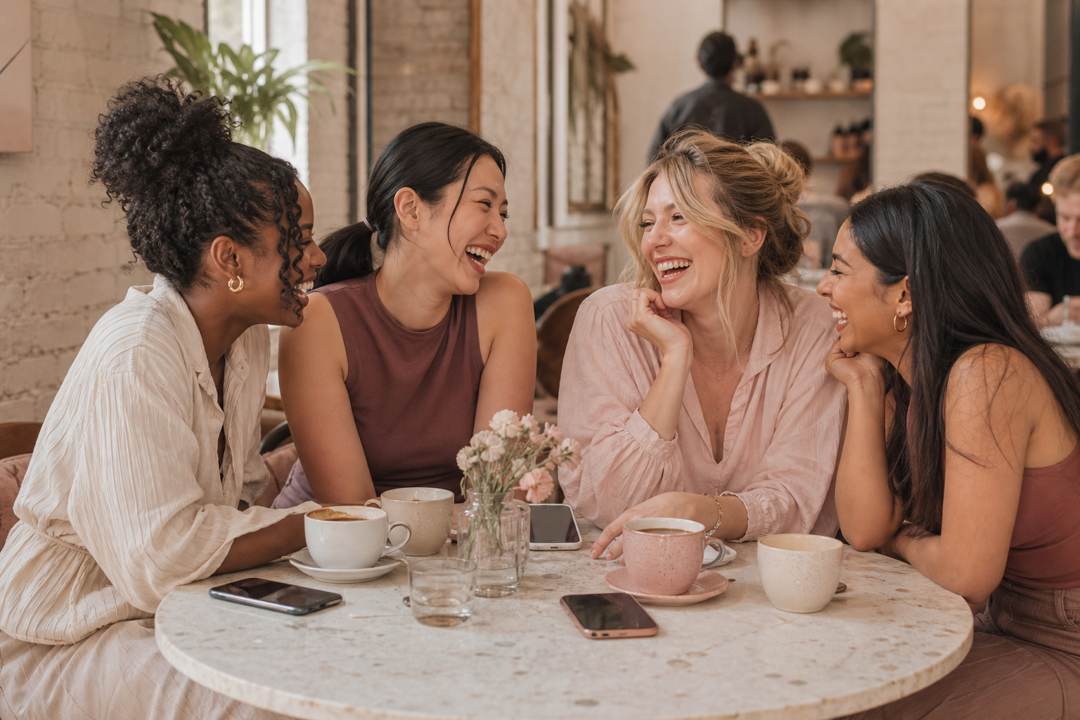 Four women sitting around a table in a cafe, laughing and smiling together, with cups of coffee and a small flower vase on the table.