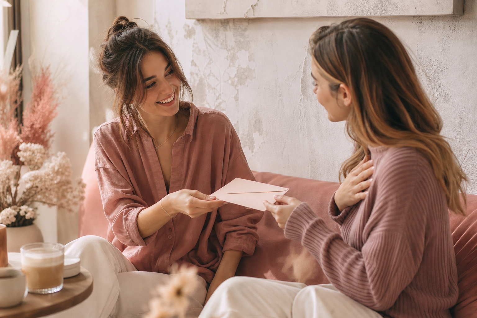 Two women sitting on a pink sofa, exchanging a letter, smiling, in a cozy, well-decorated room with flowers and coffee cups.