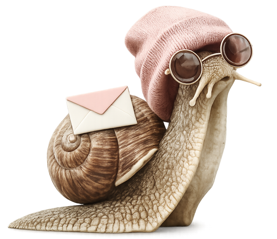 A snail wearing a pink beanie and sunglasses with a small envelope resting on its shell
