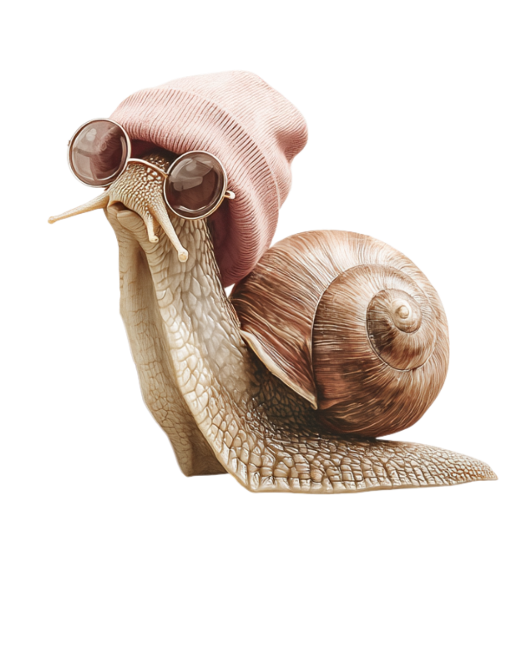 A snail wearing pink sunglasses and a pink beanie hat with a fluffy top, facing left.