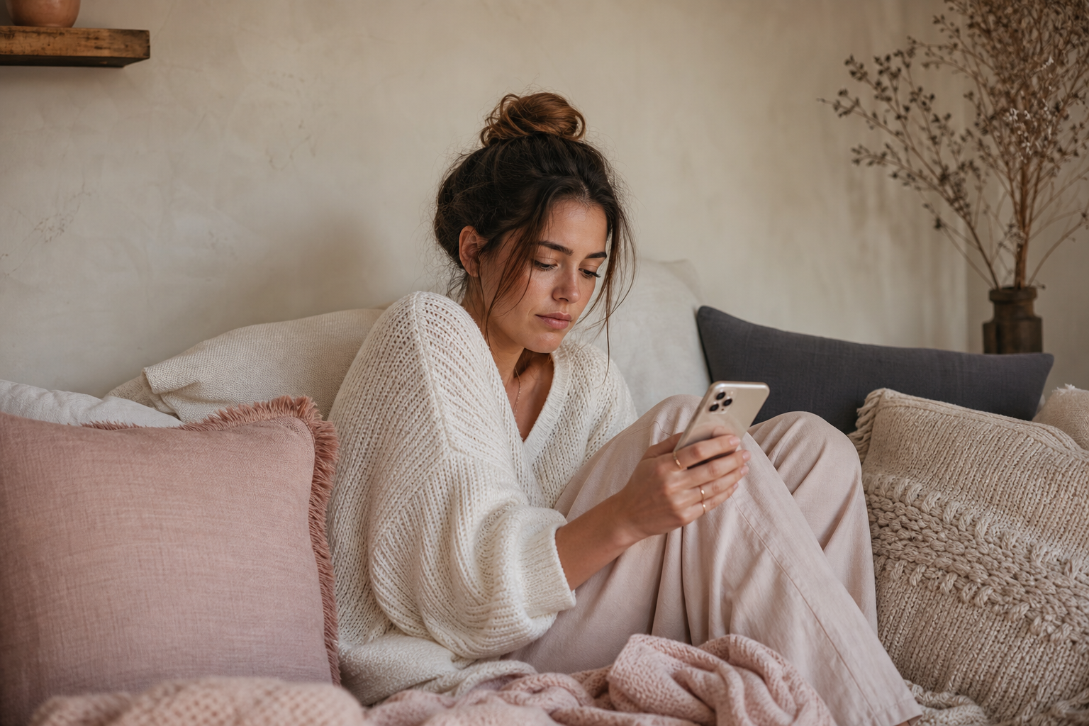 A young woman with a messy bun hairstyle sitting on a cozy bed or sofa, looking at her smartphone, surrounded by soft, neutral-colored pillows and blankets.