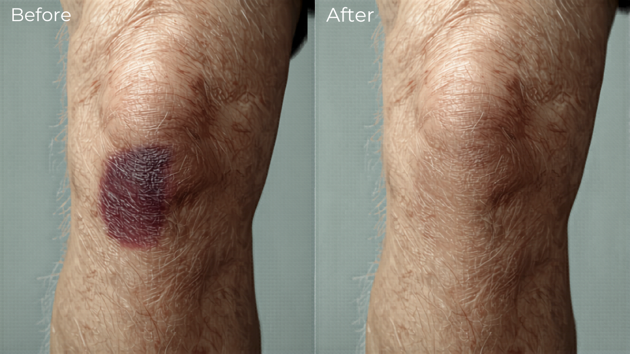 Elderly man with knee bruising improved