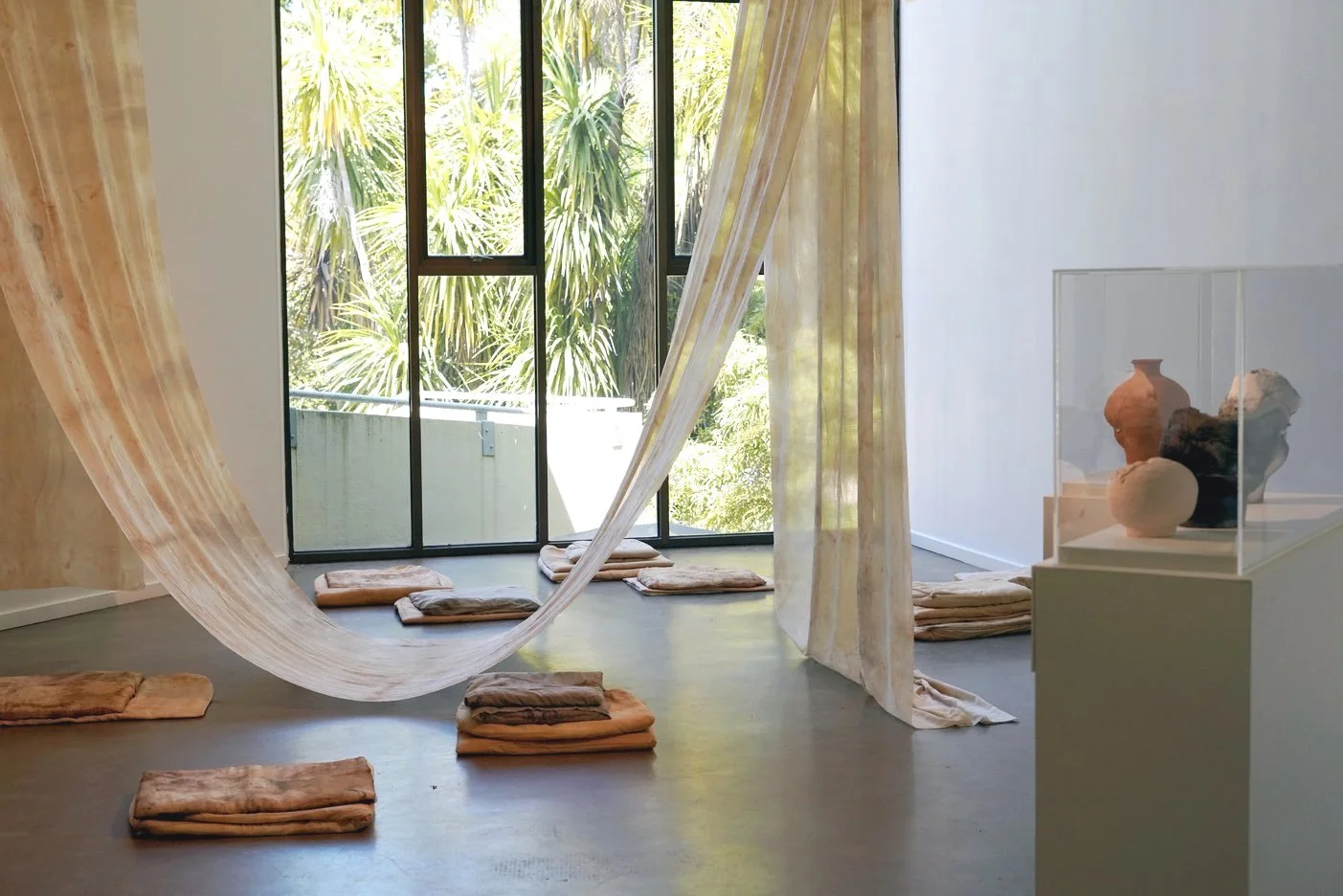 Katie West, 'Clearing' 2019. Silk, calico, wool, cotton, natural dyes. Installation view.