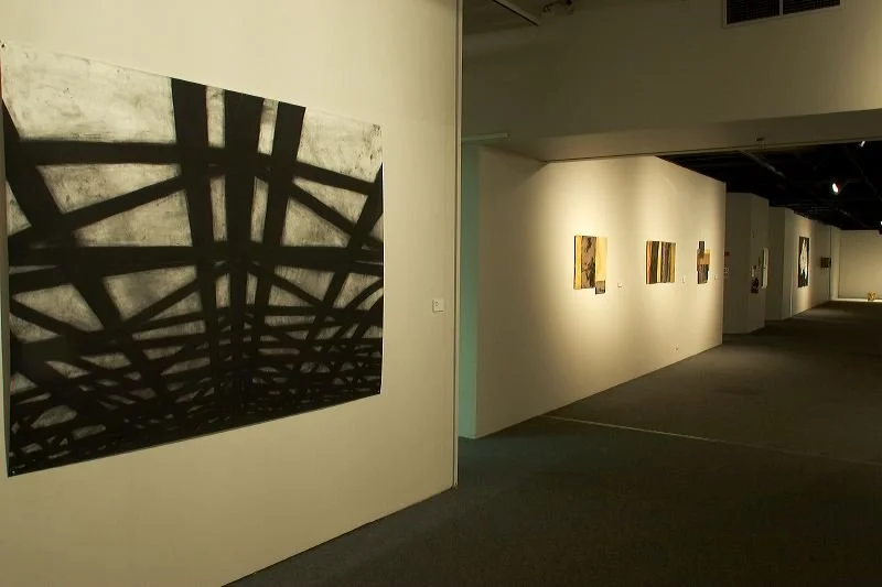 Left: Bevan Honey, 'Parallels IV' 2004. Charcoal on paper. Right: Chantal Delrue, 'Forest Composition' series 2005.