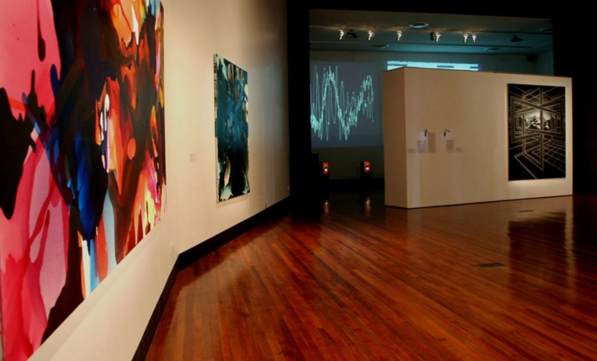 Turbulent Terrain installation view. From left: Lara Merrett, Stephen Hurrel, Olga Cironis, Peter Daverington.