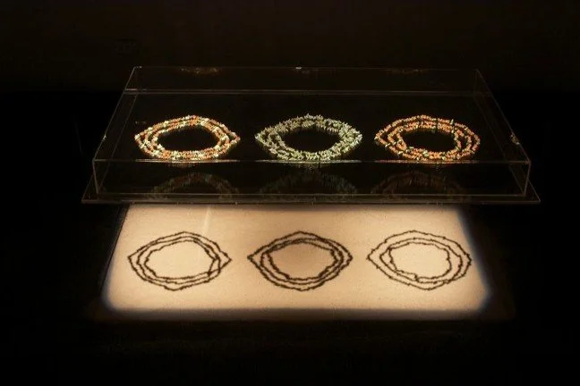 Dulcie Greeno, 'Untitled 1 - 3' 2004-05. Maireener, penguin, black crow and rice shells.