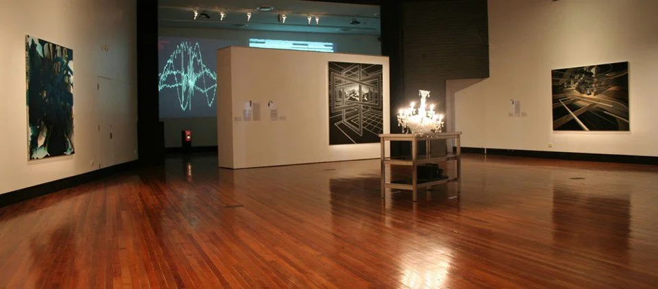 Turbulent Terrain installation view. From left: Lara Merrett, Stephen Hurrel, Peter Daverington, Nicholas Folland, Peter Daverington.