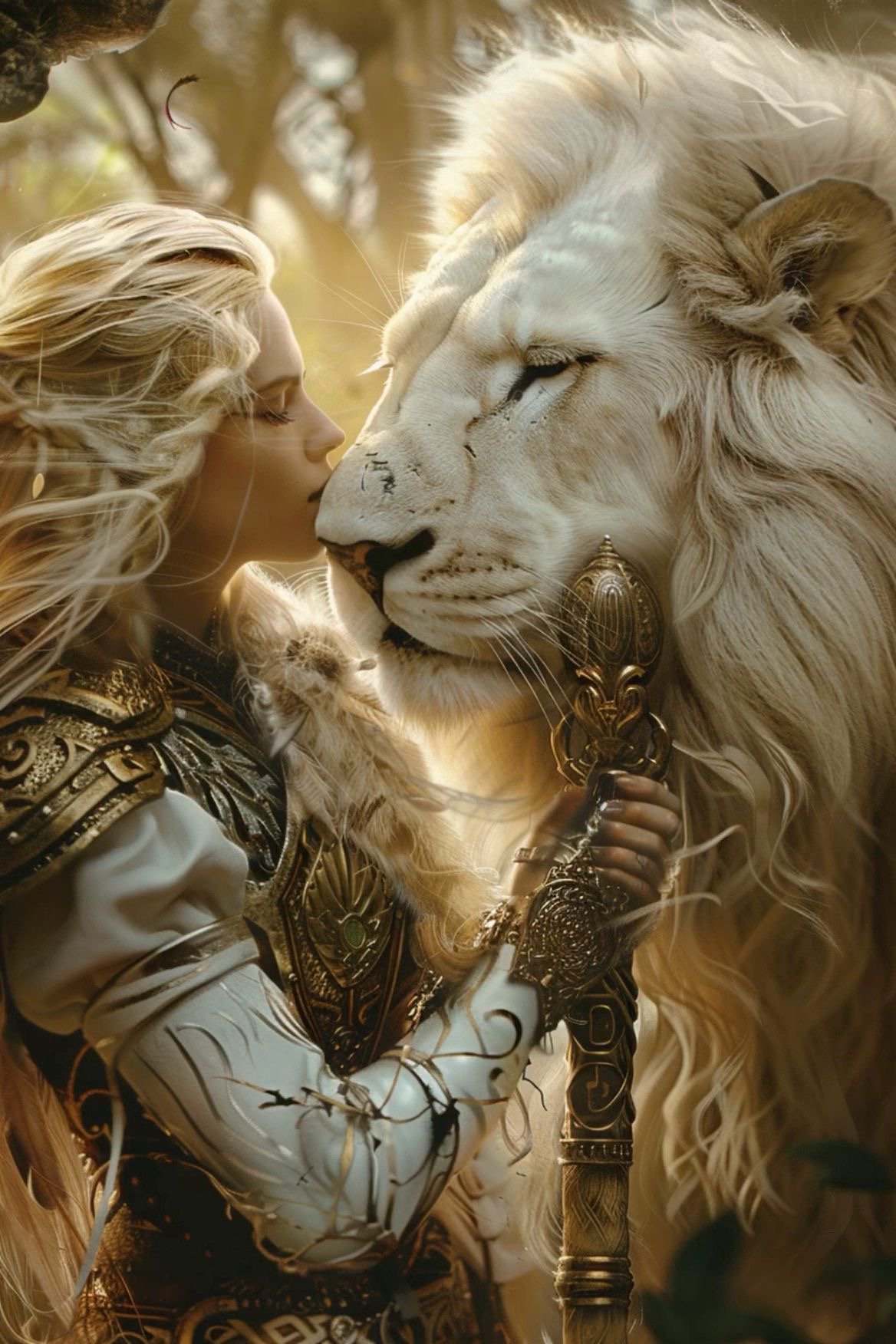 A woman with long, flowing blonde hair and ornate medieval-style armor holding a small kitten, gently touching noses with a large white lion. The scene is warm and mystical.