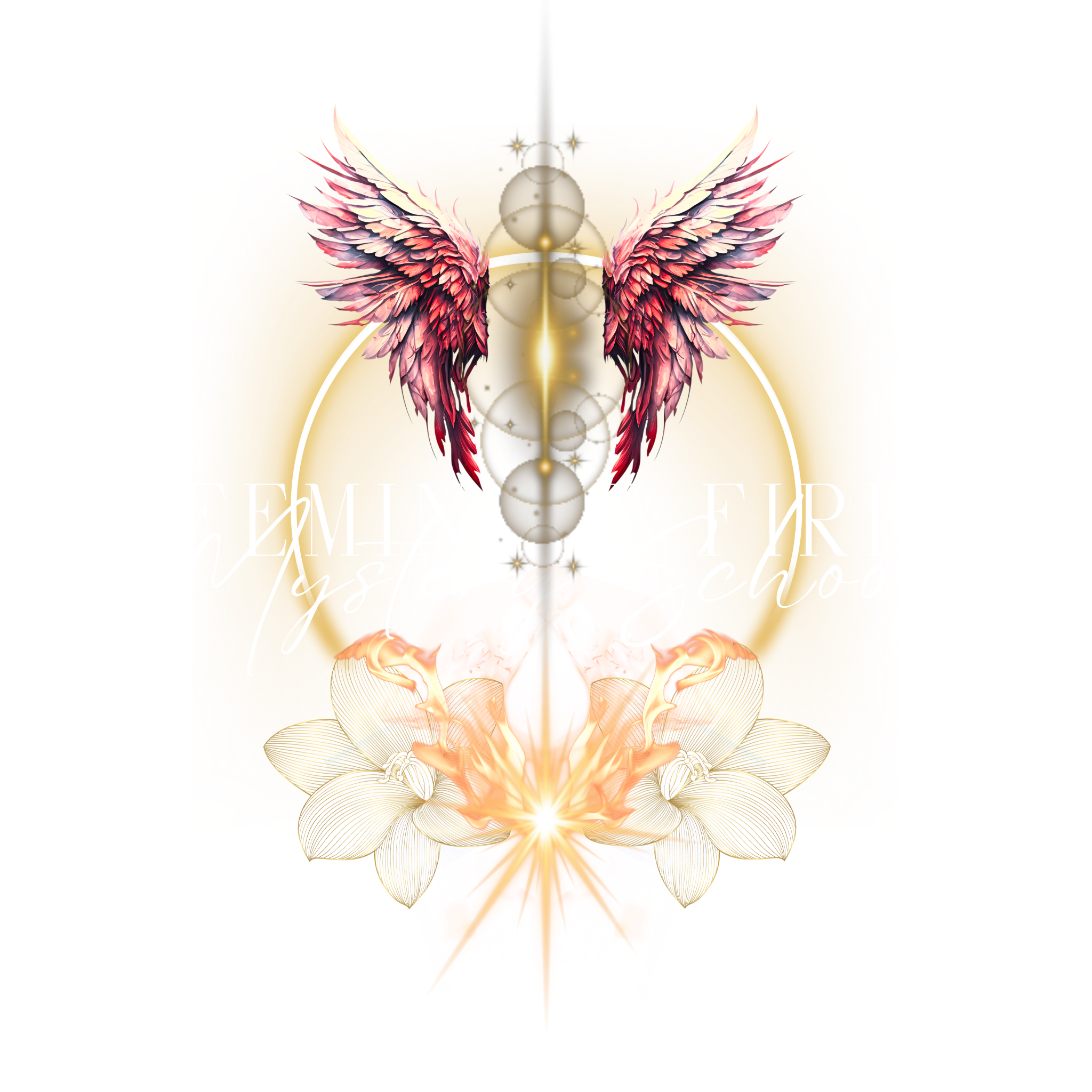 Colorful graphic design for Female Fire Mystery School featuring pink and white angel wings, glowing orbs, and abstract shapes with text overlay.