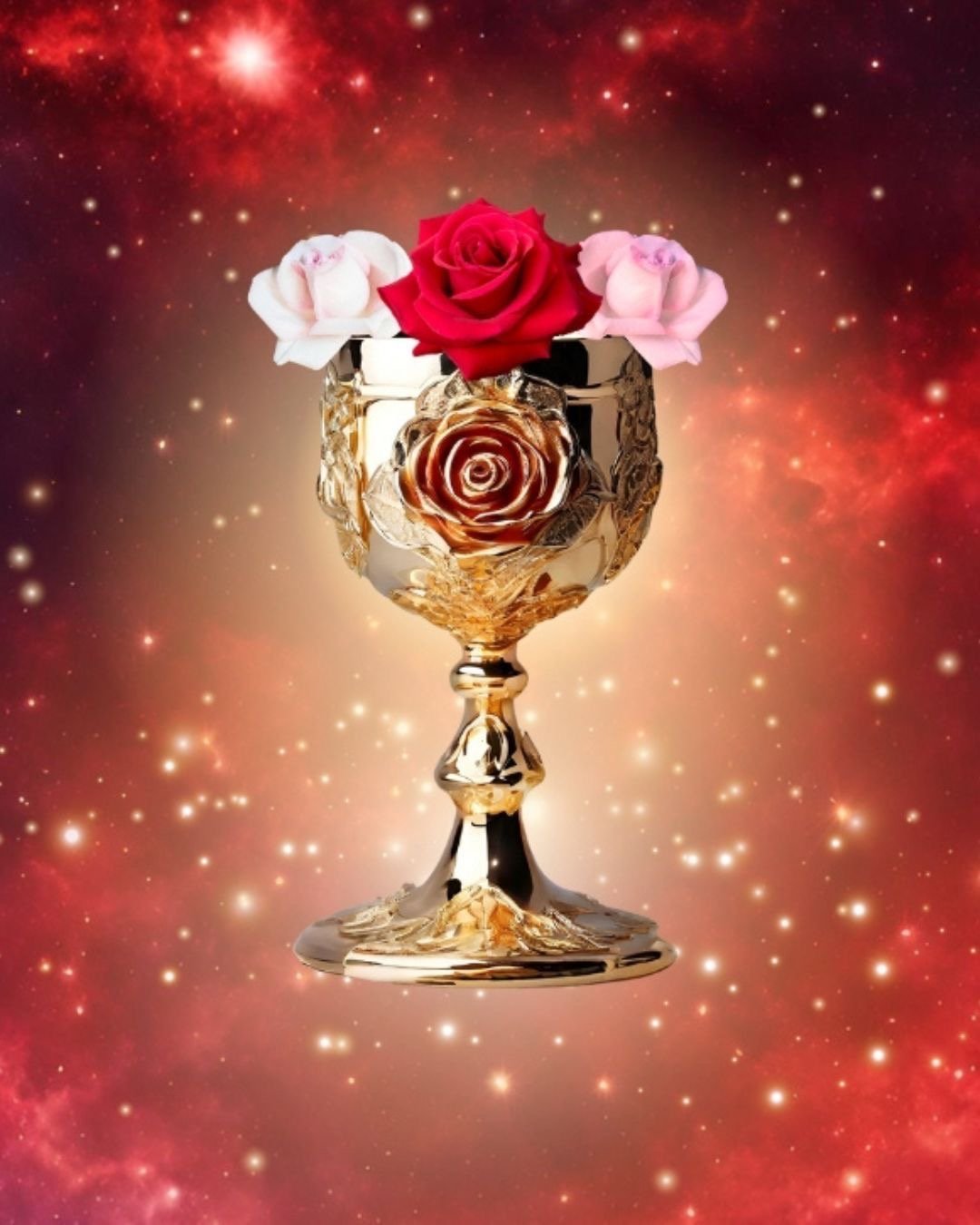 A decorative gold-colored glass goblet with a rose inside, topped with three roses (one red and two pink), against a cosmic red and gold starry background.
