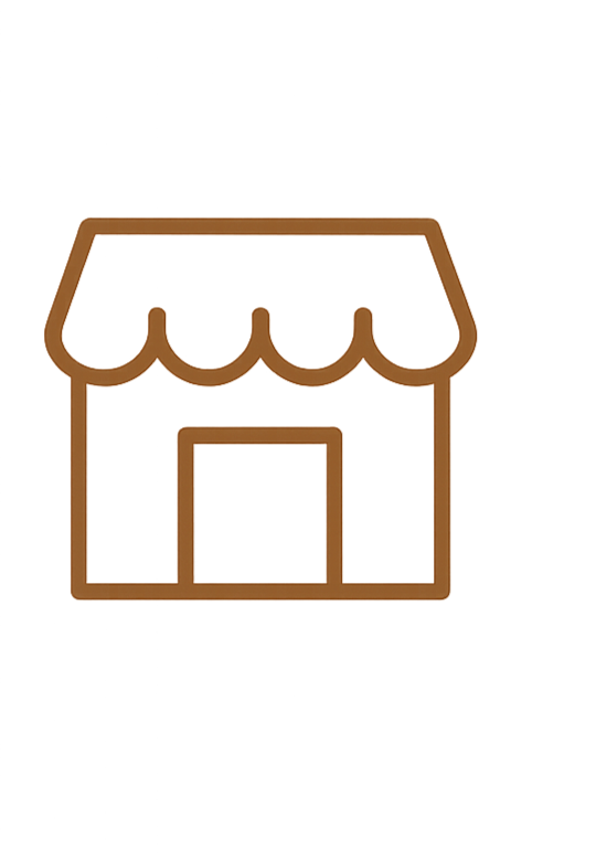 Simple illustration of a brown storefront with a scalloped awning and a door, with a blue background.