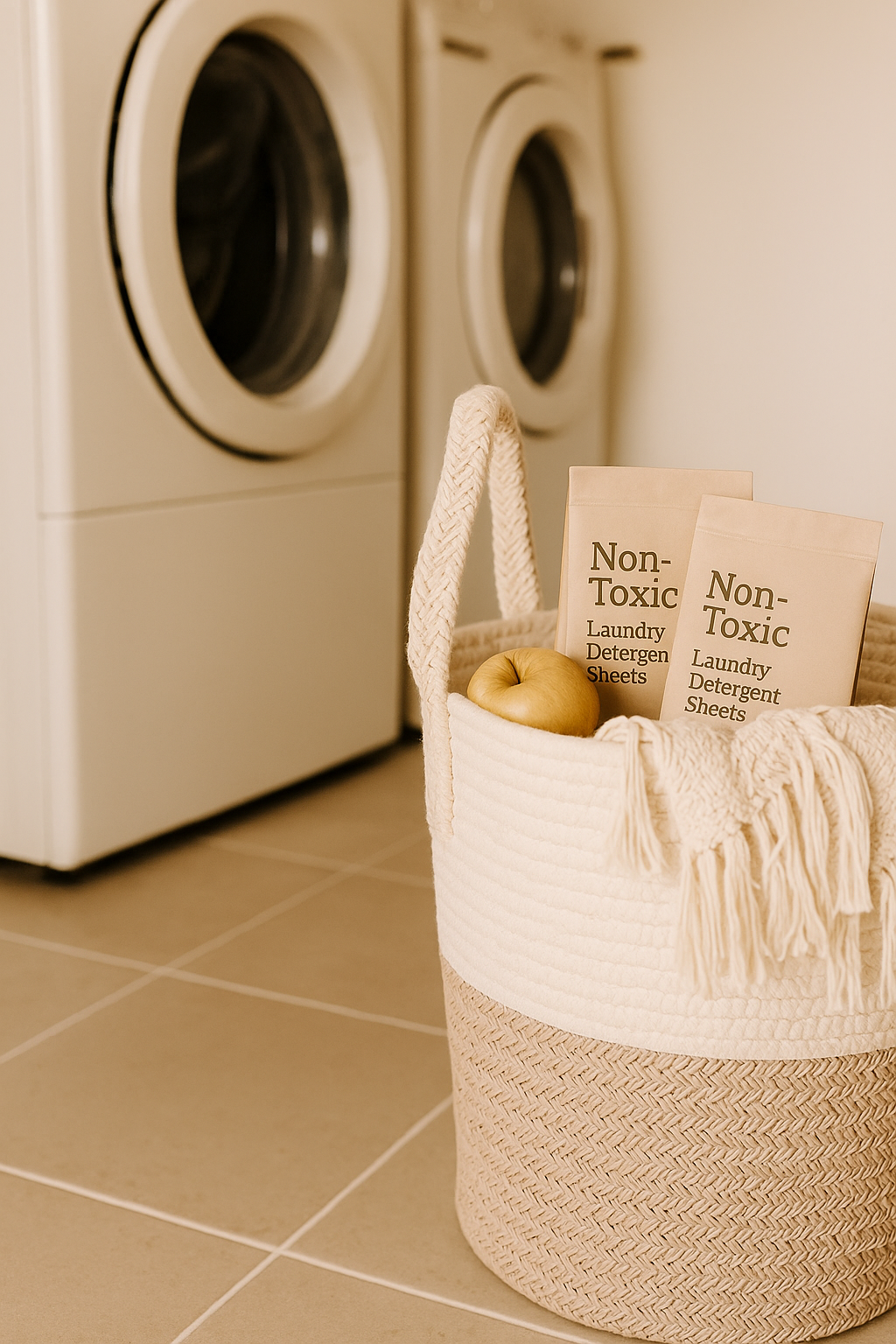 A laundry basket containing non-toxic laundry detergent sheets, a yellow apple, and a white cloth, placed on a tiled floor in front of a washer and dryer in a laundry room.