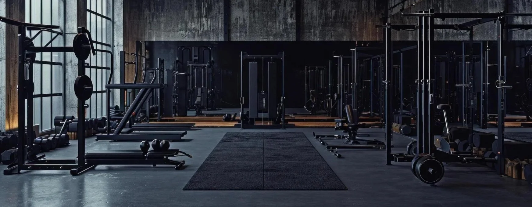 Empty gym with various black workout equipment, including weights, benches, and machines, in a modern industrial-style space with large windows and dark walls.