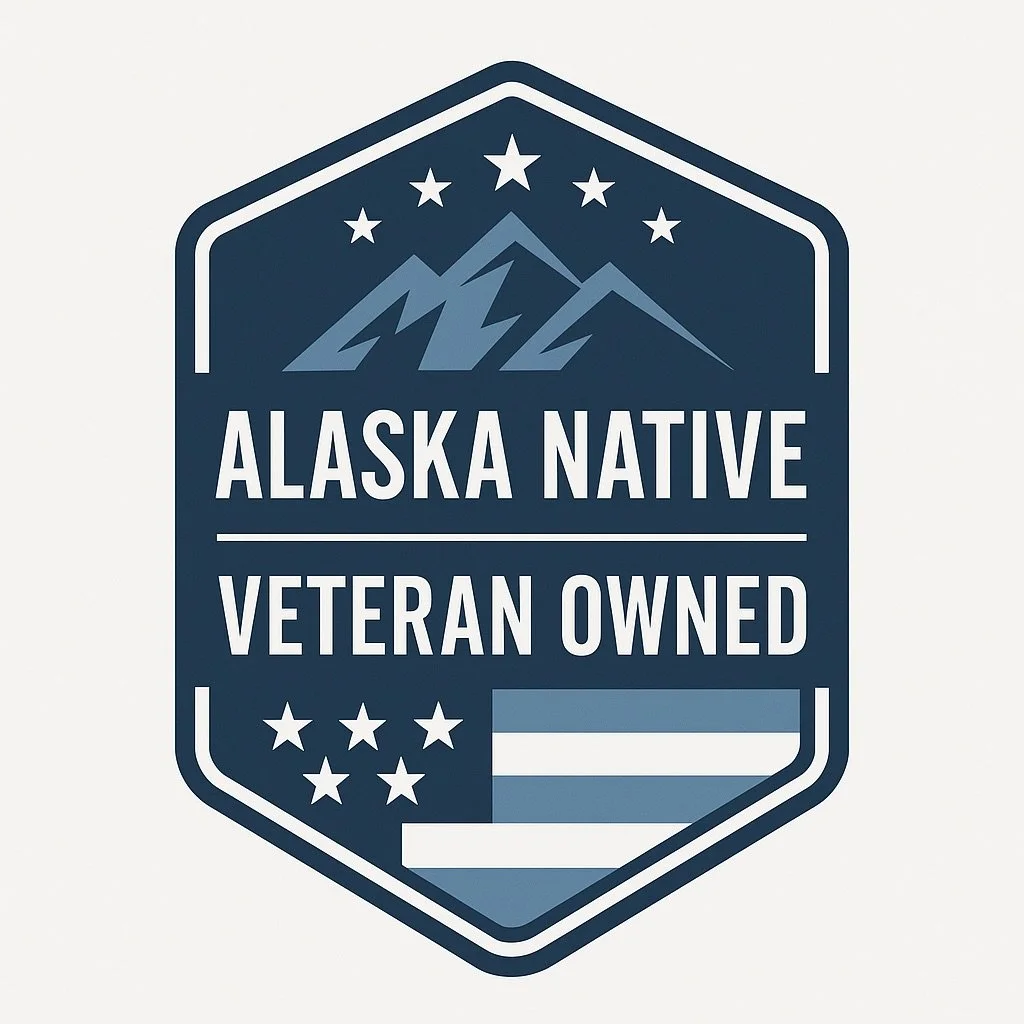 Badge with mountains, stars, and stripes, stating 'Alaska Native Veteran Owned.'