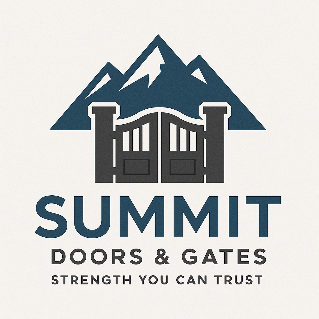 Logo for Summit Doors & Gates featuring a mountain range and a gate, with the tagline 'Strength You Can Trust'.