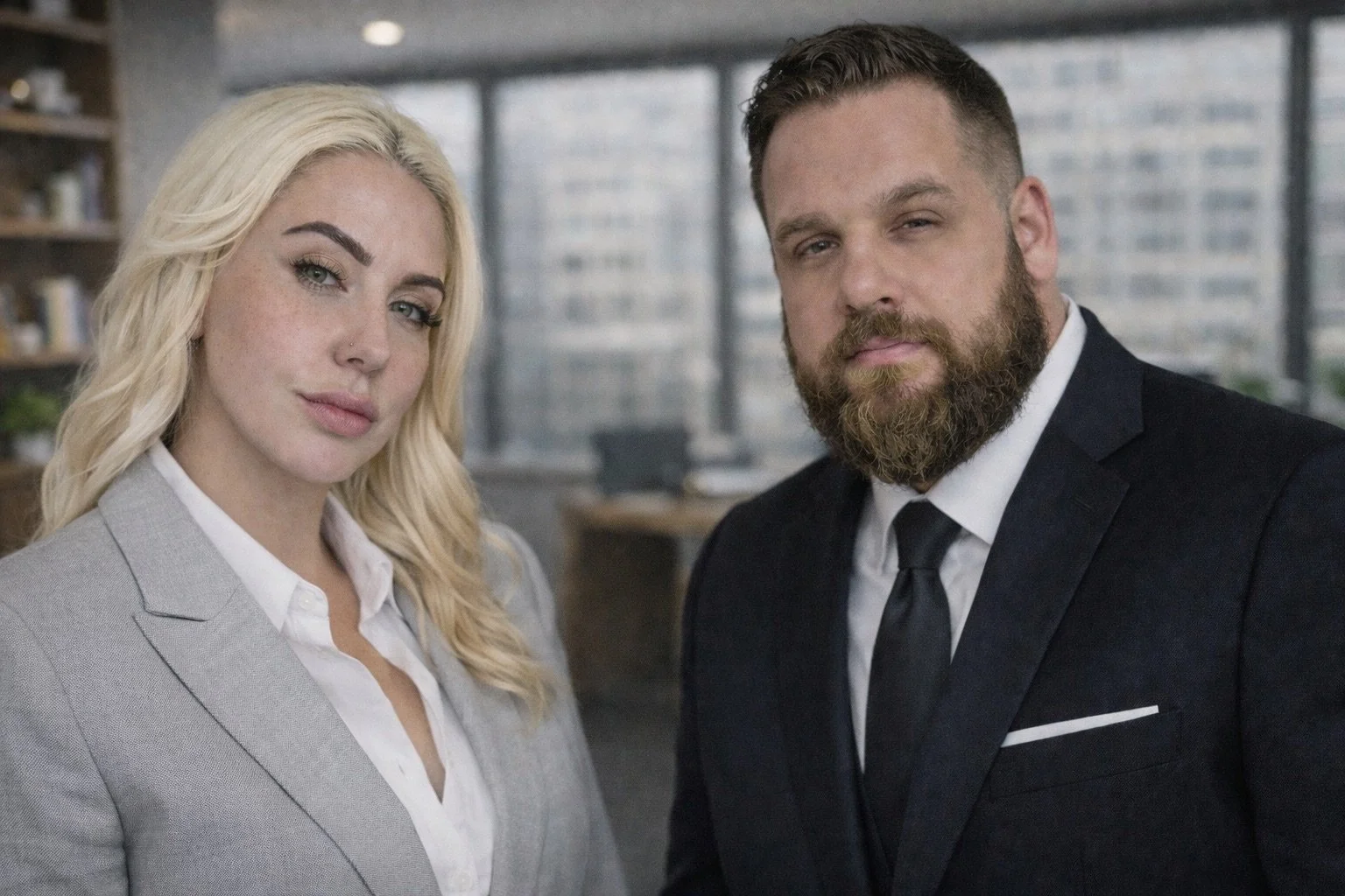 A blonde woman and a man with a beard dressed in business suits standing side by side in an office setting.