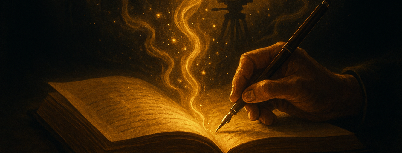 A hand holding a fountain pen writing in an open book, with glowing sparks and smoke rising from the pages, creating a magical or mystical scene.