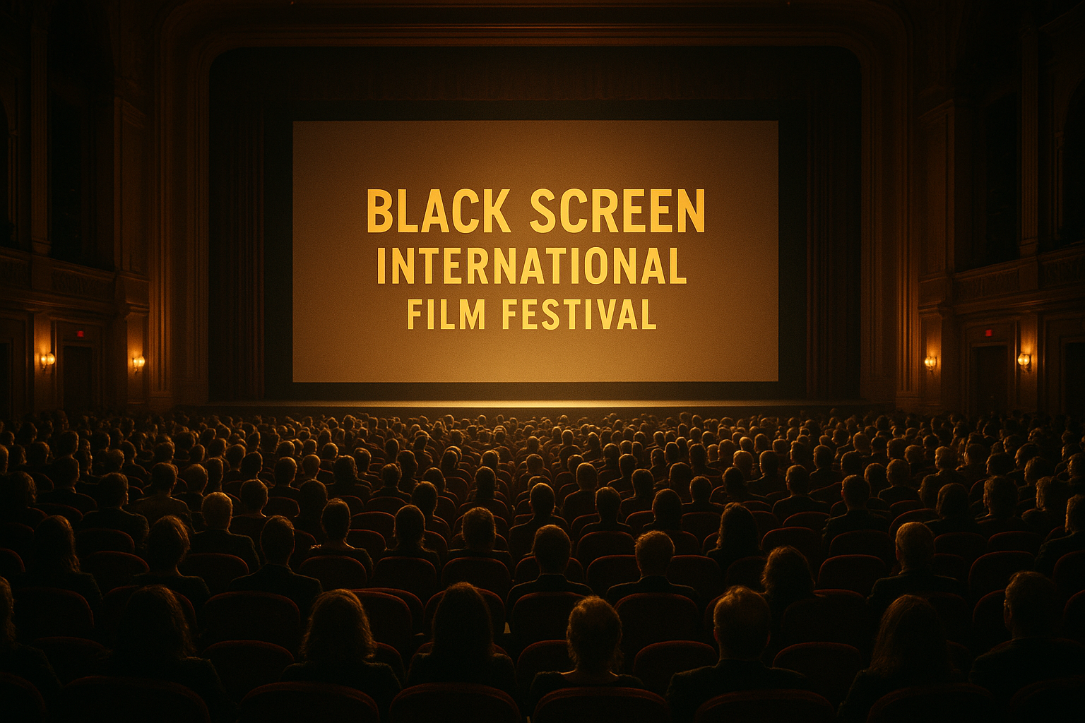 Audience watching a film screening in a theater with a large screen showing "Black Screen International Film Festival" in yellow text.