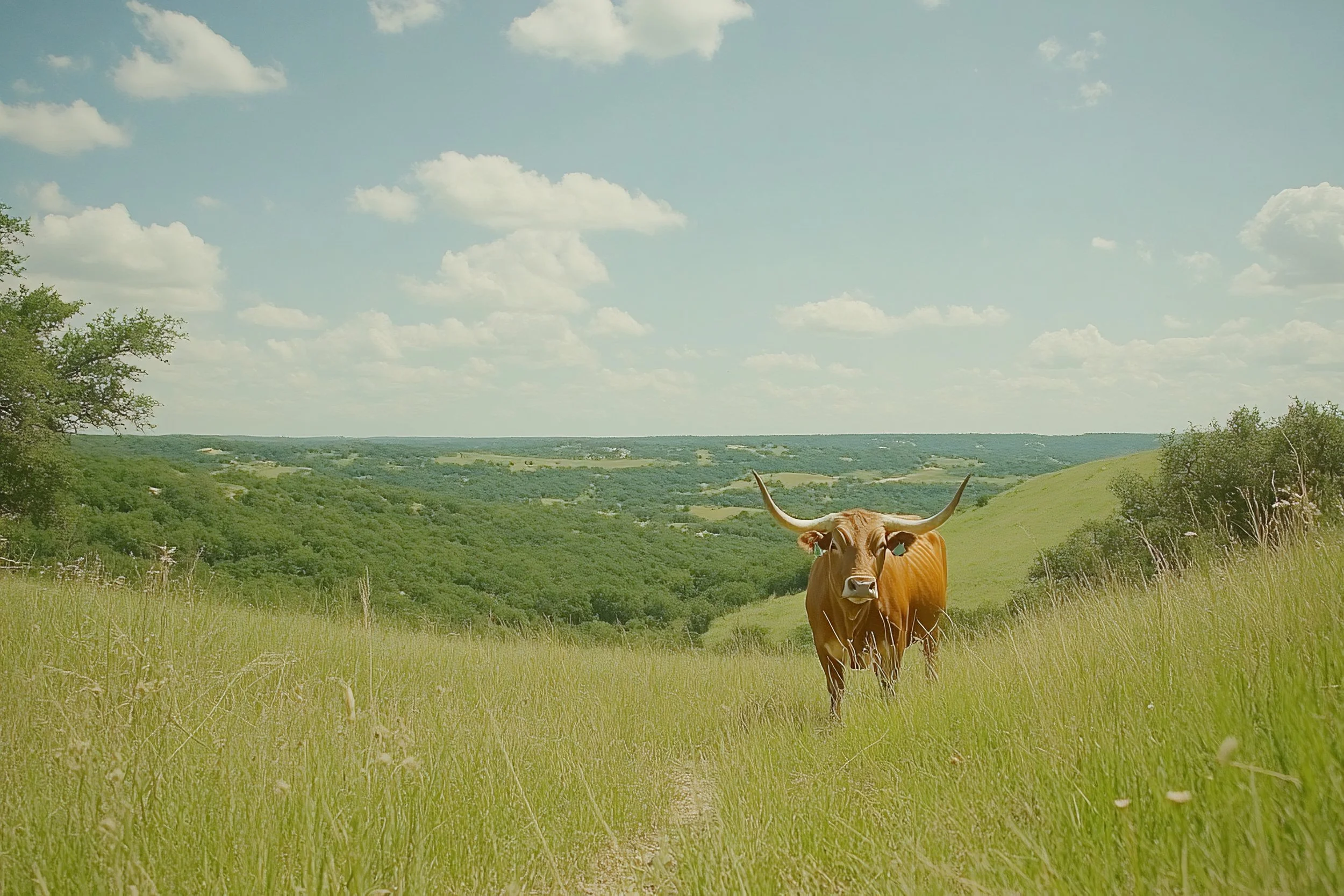 A cow standing in a grassy field with green hills and trees in the background under a partly cloudy sky.