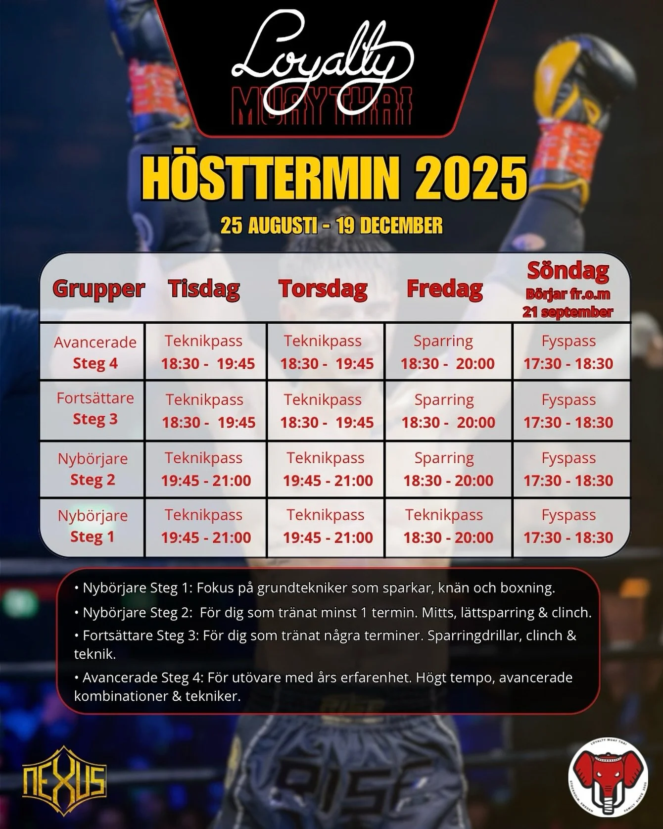 📅 H&ouml;stterminen 2025 drar ig&aring;ng den 26 augusti!
F&ouml;r dig som vill b&ouml;rja med thaiboxning startar vi nyb&ouml;rjarintag samma dag, d&auml;r vi g&aring;r igenom grunderna fr&aring;n b&ouml;rjan. Vi tar in nya medlemmar under de f&oum
