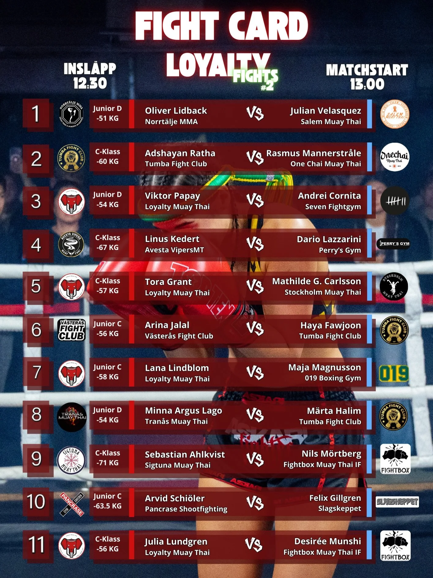 🔥 FIGHTCARD &ndash; LOYALTY FIGHTS 2 🔥

FIGHTWEEK &Auml;R H&Auml;R!
Nu p&aring; l&ouml;rdag sm&auml;ller det.

21 matcher d&auml;r fighters fr&aring;n olika klubbar kliver in med samma m&aring;l &ndash; att leverera. 🔥

⏰ Schema f&ouml;r dagen:
&b