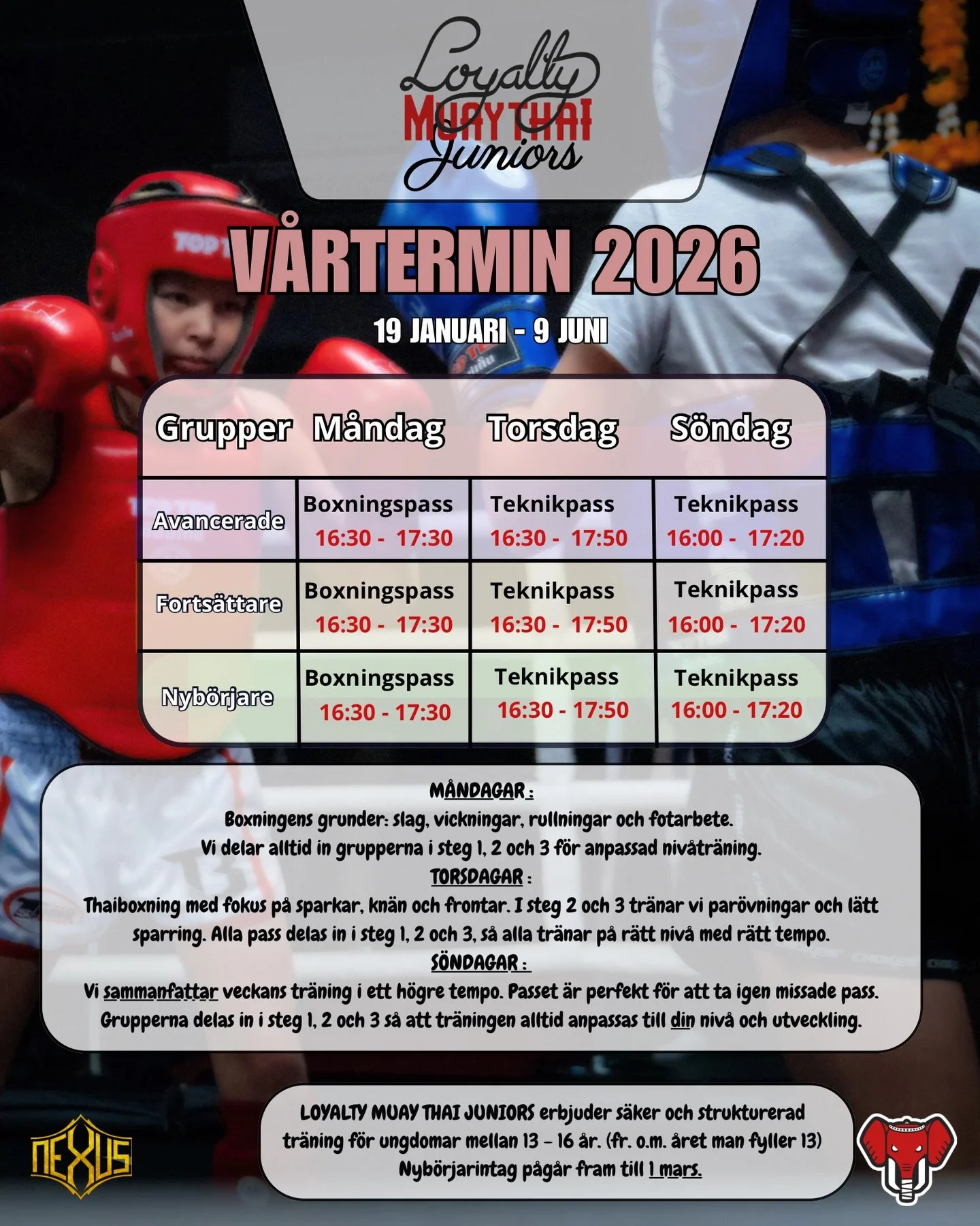 🌸🥊 V&aring;rterminen 2026 &ndash; Juniorer 13&ndash;16 &aring;r
Den 19 januari 2026 startar v&aring;rterminen och vi &auml;r redo f&ouml;r en ny grym s&auml;song tillsammans!

👊 Gruppen g&auml;ller fr&aring;n det &aring;r man fyller 13 &aring;r up