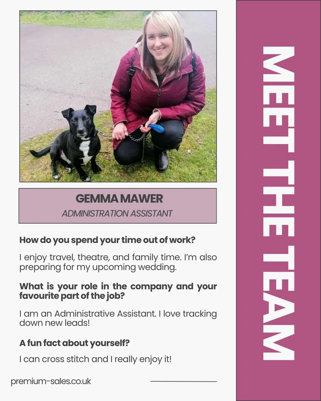 It's time to introduce one of our Admin Team! 😀 

Gemma is a key part of the Premium Sales team, she is responsible for lead generation, checking and responding to emails, data cleansing and much, much more! 

She is very popular in the office as sh