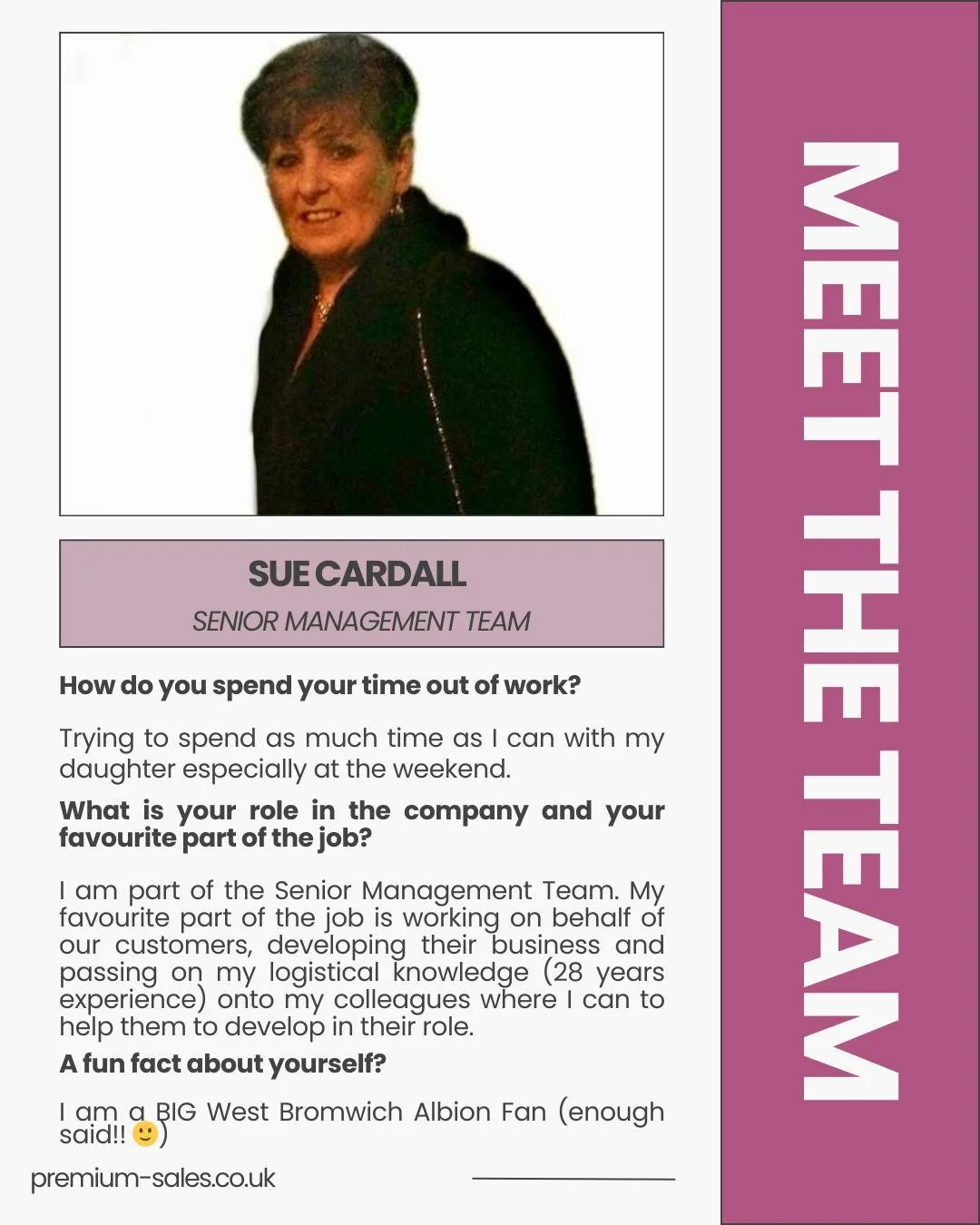 Meet Sue Cardall, one of our Senior Management Team😊

Sue spends a lot of her time helping and motivating the team each week and she does a great job. She is always up and walking around the office making sure everyone is on track and offering a bit