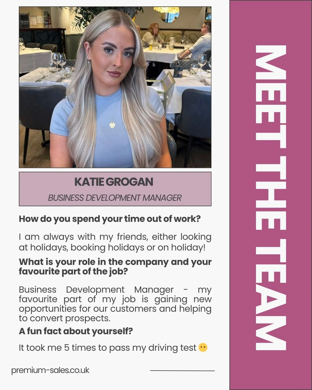 Meet the Team! 😊 

This week, Katie Grogan is in the spotlight. 

Katie is one of our Business Development Managers, her main responsibilities being to speak with prospects and generate new opportunities every week. 

She is great at holding convers