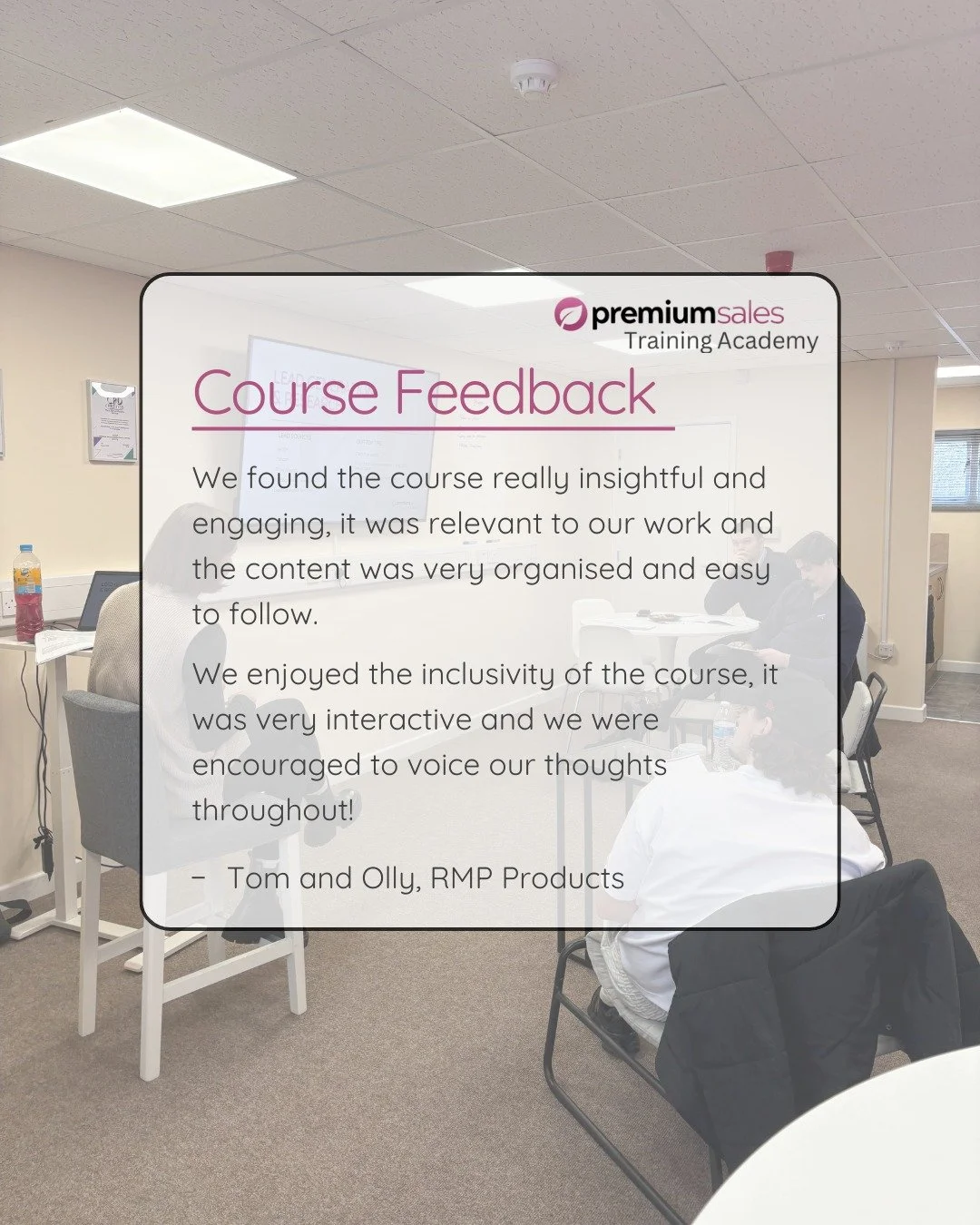 On Tuesday, we held a Beginner: Telemarketing 101 sales training course! 🎓 

We received some lovely feedback from RMP Products! Thank you to Tom and Olly for attending, we really enjoyed meeting with you and helping to improve your sales skills!

W