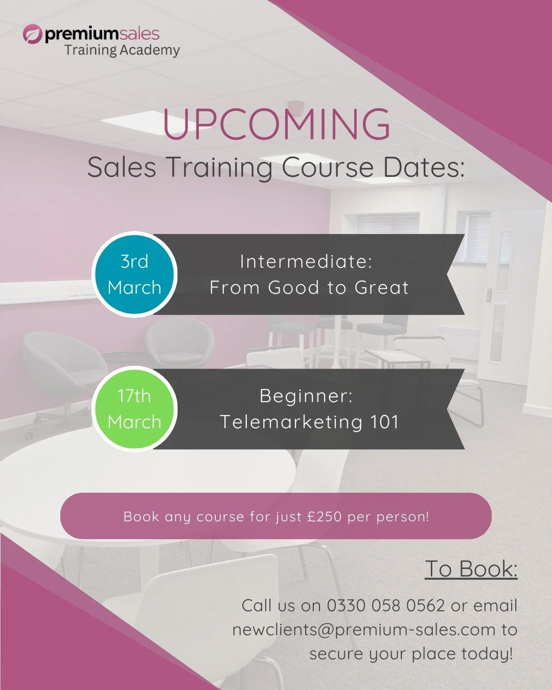 Our Upcoming Sales Training Dates! 🗓️🎓 

3rd March: Our Intermediate Training Course is perfect for individuals with foundational telesales experience who want to refine their skills and boost their performance.

17th March: Our Beginner Training C