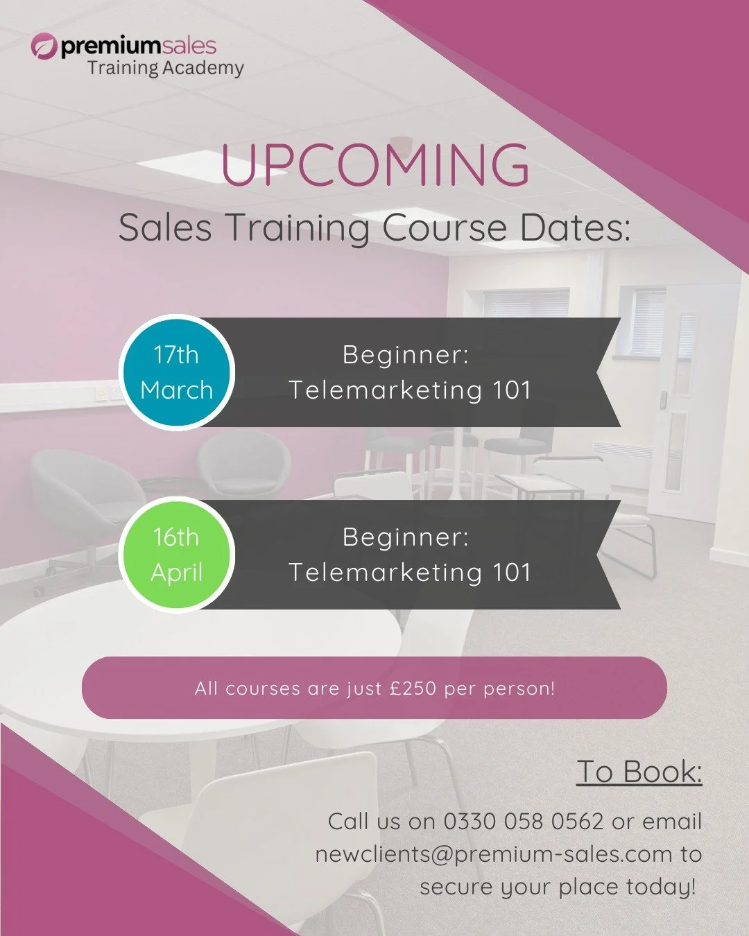 📆🎓 Upcoming Course Dates 📆🎓 

We have the following courses coming up:

- 17th March: Telemarketing 101
- 16th April: Telemarketing 101

Our Beginner course is perfect for people new to sales, or in a sales role for less than a year that want to 