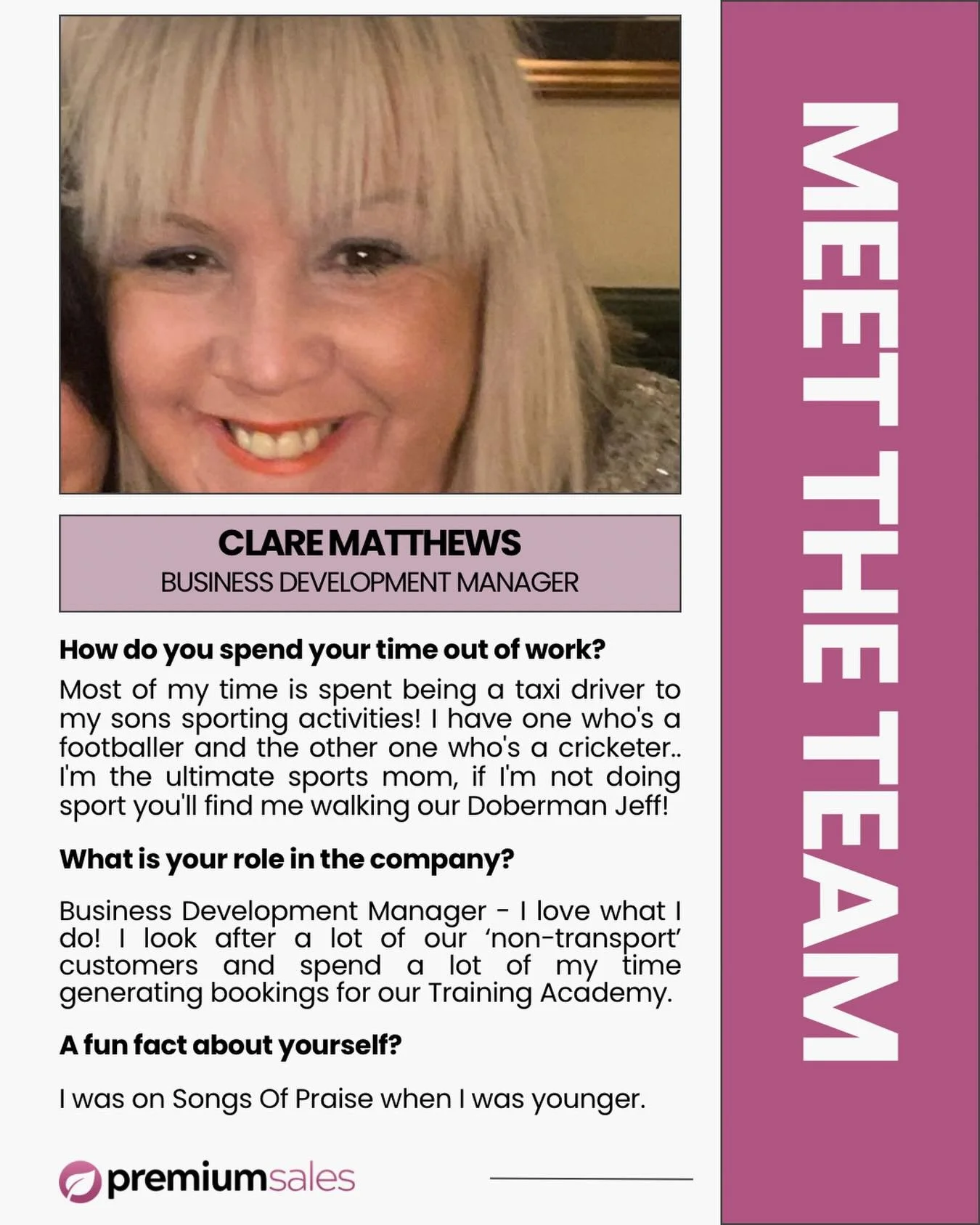 It&rsquo;s time to introduce you to Clare!

Clare plays a key role in looking after our non-transport customers, making sure everything runs smoothly behind the scenes. She spends much of her time booking things in and is a big driver of sales for ou