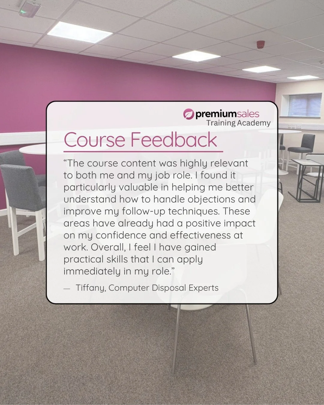 Thank you to Tiffany from Computer Disposal Experts for your lovely feedback, following our training this week! 😃

We loved having you on our course whilst helping you to develop your sales skills and techniques.

Get in touch with our team today on