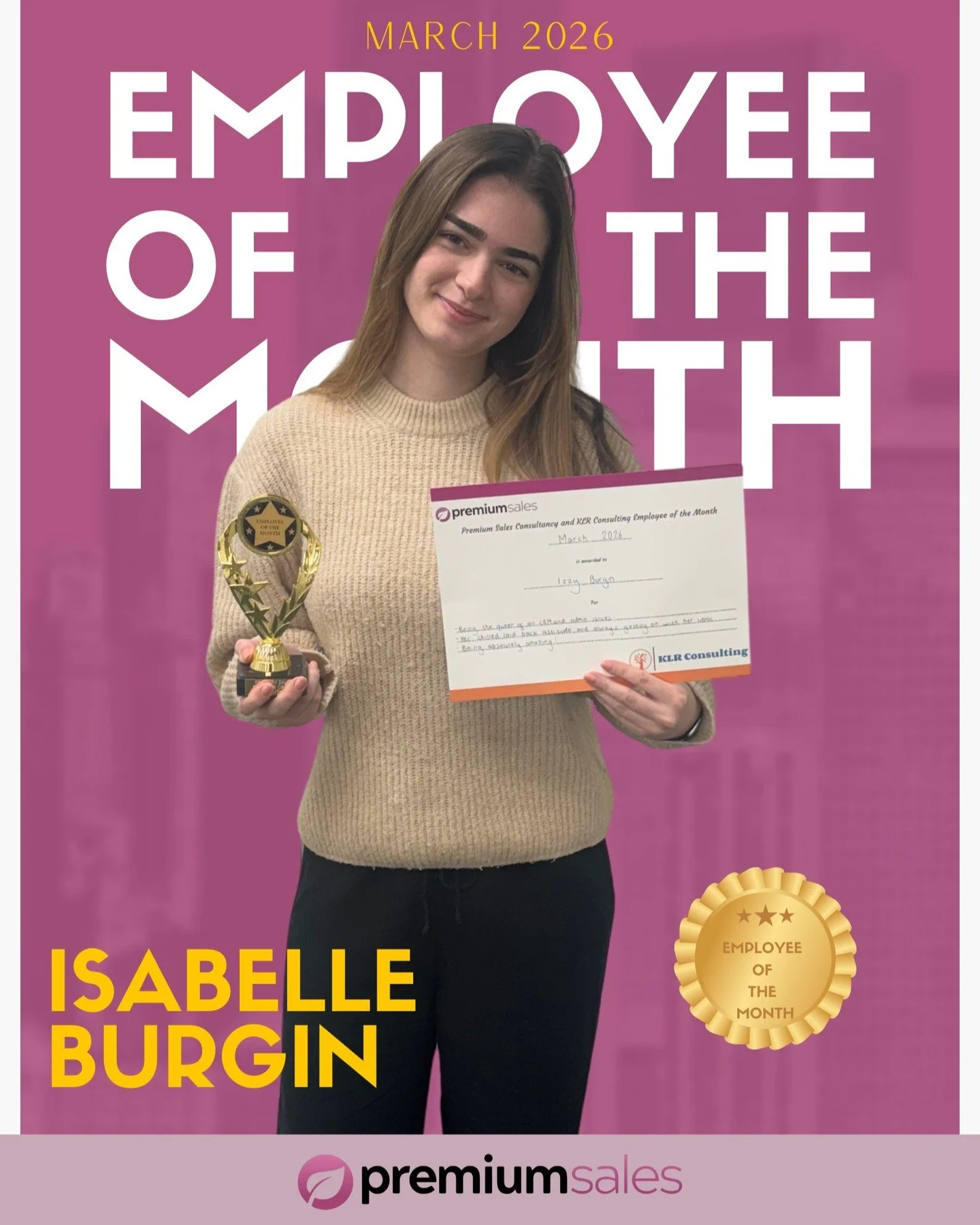 Congratulations to Izzy on winning our March Employee of the Month 🏆

Our go-to for all things CRM, Izzy consistently delivers&mdash;finding great leads, writing emails that get results, and always supporting the team. Her contribution never goes un