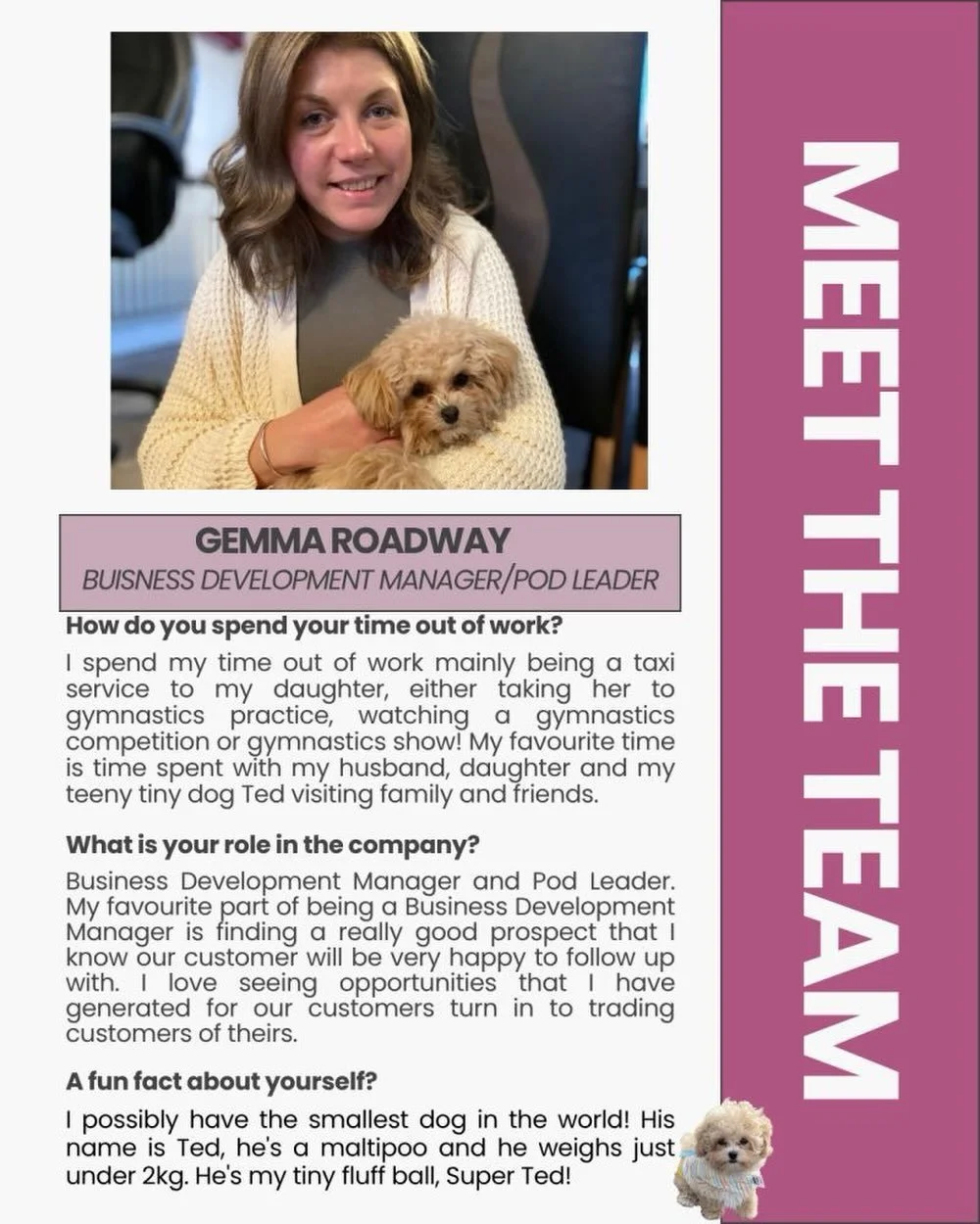 🌟Introducing Gemma!

Gemma has been with us for 6 years, and not a day goes by where she doesn&rsquo;t bring pure happy vibes into the office. Her positivity is infectious, and she&rsquo;s always lifting those around her with her kind and supportive