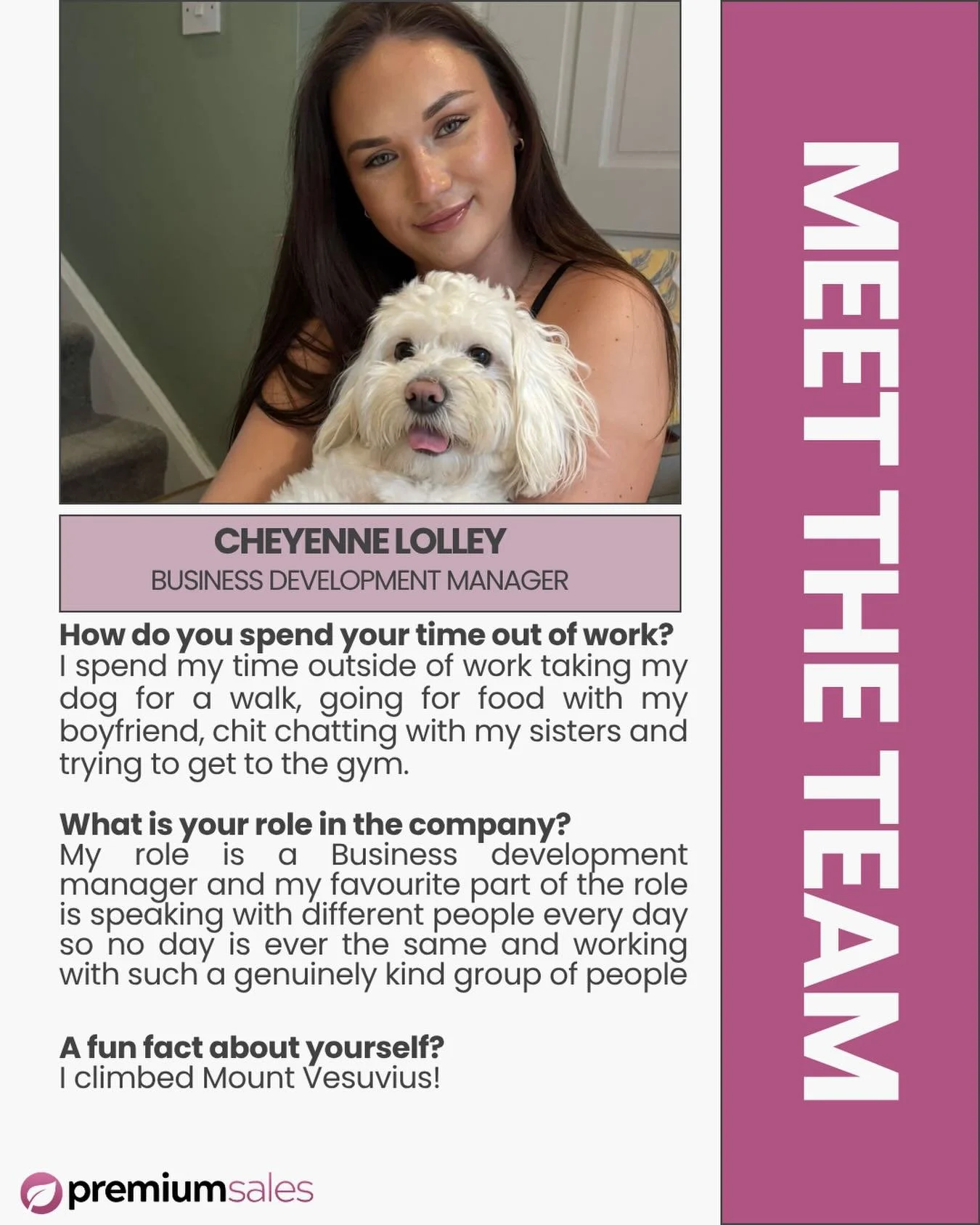 🌟 Meet The Team &ndash; Cheyenne 🌟

Say hello to Cheyenne, our newest Business Development Manager at Premium Sales 👋

Although she&rsquo;s new to the team, you&rsquo;d never know it &mdash; she&rsquo;s already absolutely smashing it! 💼✨ Her conf