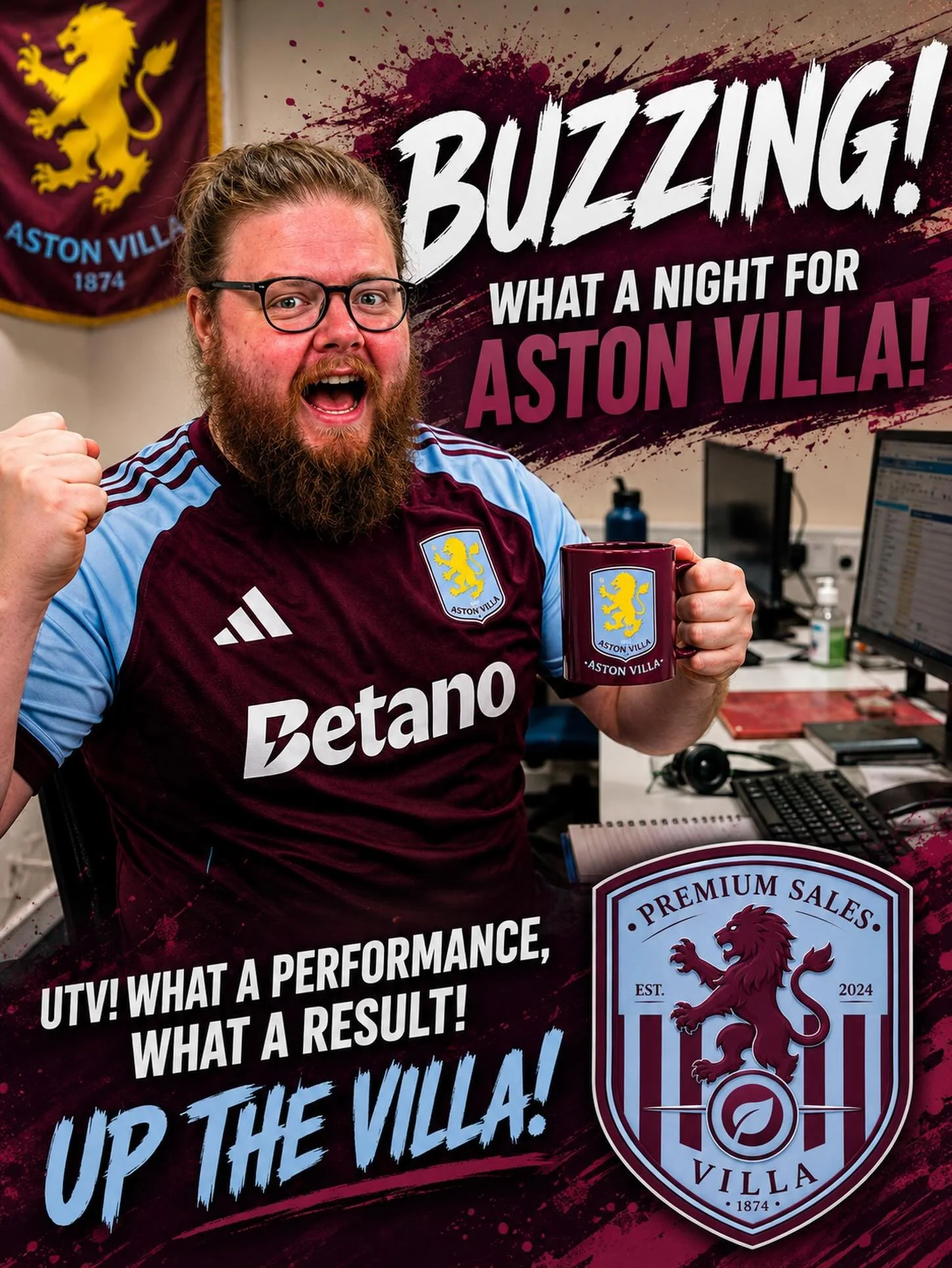 Jason straight into work still celebrating that Villa result! UTV! 💙💜 #football #premiumsales #salesteam #utv