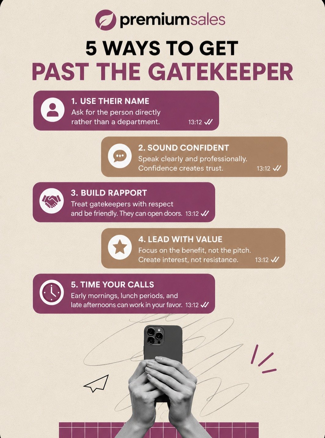 📞 Struggling to get past the gatekeeper?

The difference between a missed opportunity and a booked appointment often comes down to your approach. 💡

✅ Use their name
✅ Sound confident
✅ Build genuine rapport
✅ Lead with value
✅ Time your calls stra