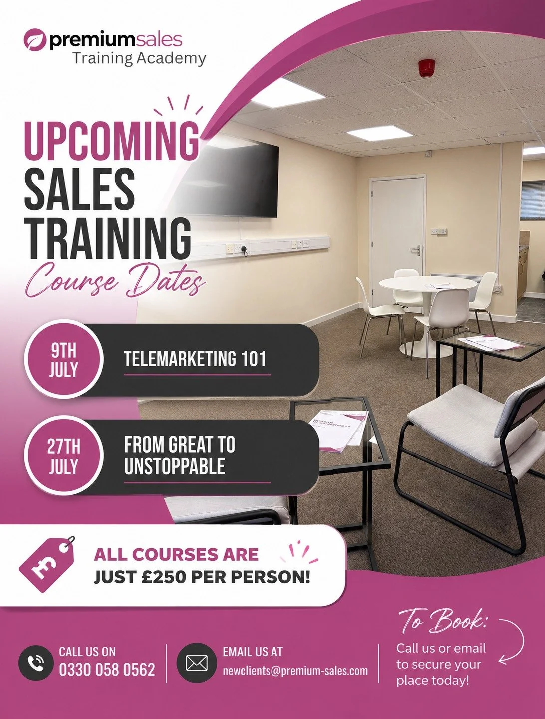 🚀 Ready to sharpen your sales skills and boost your results? 🚀

Join us at the Premium Sales Training Academy for our upcoming training courses this July!

📞 Telemarketing 101 &ndash; 9th July
⭐ From Great to Unstoppable &ndash; 27th July

💷 Just