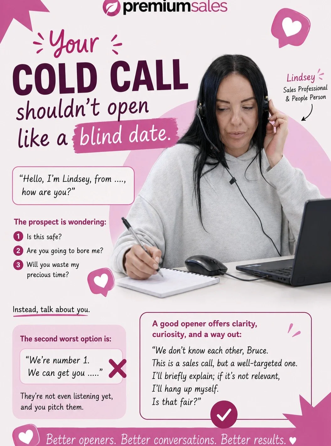 📞 Your cold call shouldn't open like a blind date...

The first few seconds of a cold call can make or break the conversation.

Instead of leading with who you are, focus on why the call matters to them. Create curiosity, offer value, and always giv