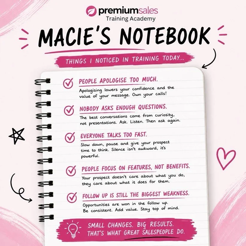 📓 Macie&rsquo;s Notebook &ndash; Things I Noticed in Training Today...

One thing I love about training my team members (new and old 😉) is that no two sessions are ever the same.

Every session reminds me of the small habits that make the biggest d