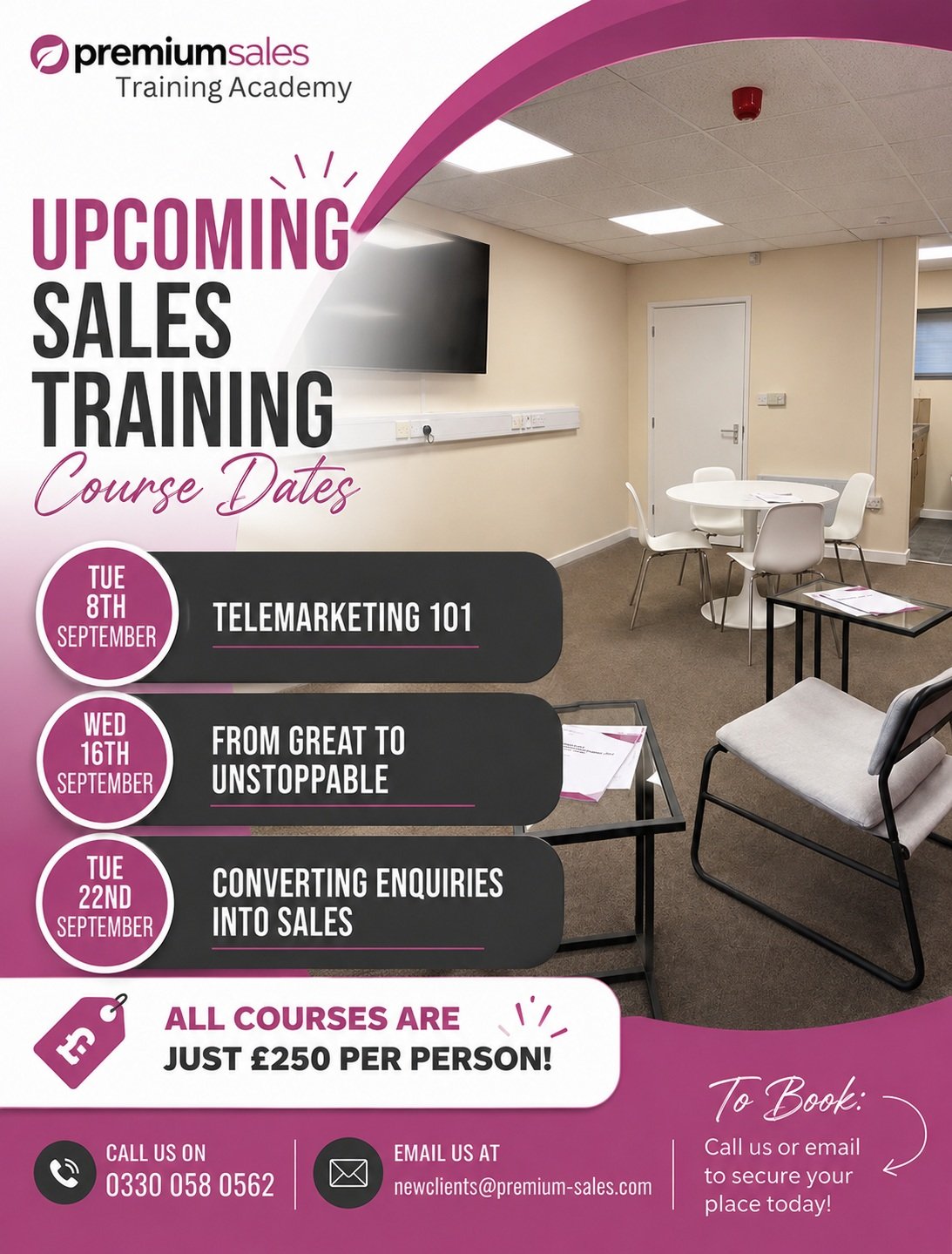 September is looking BUSY at Premium Sales Training Academy! 👀📚

We&rsquo;ve got three sales training courses coming up, designed to give your team practical skills they can take straight back into the workplace:

📞 Tuesday 8th September &ndash; T