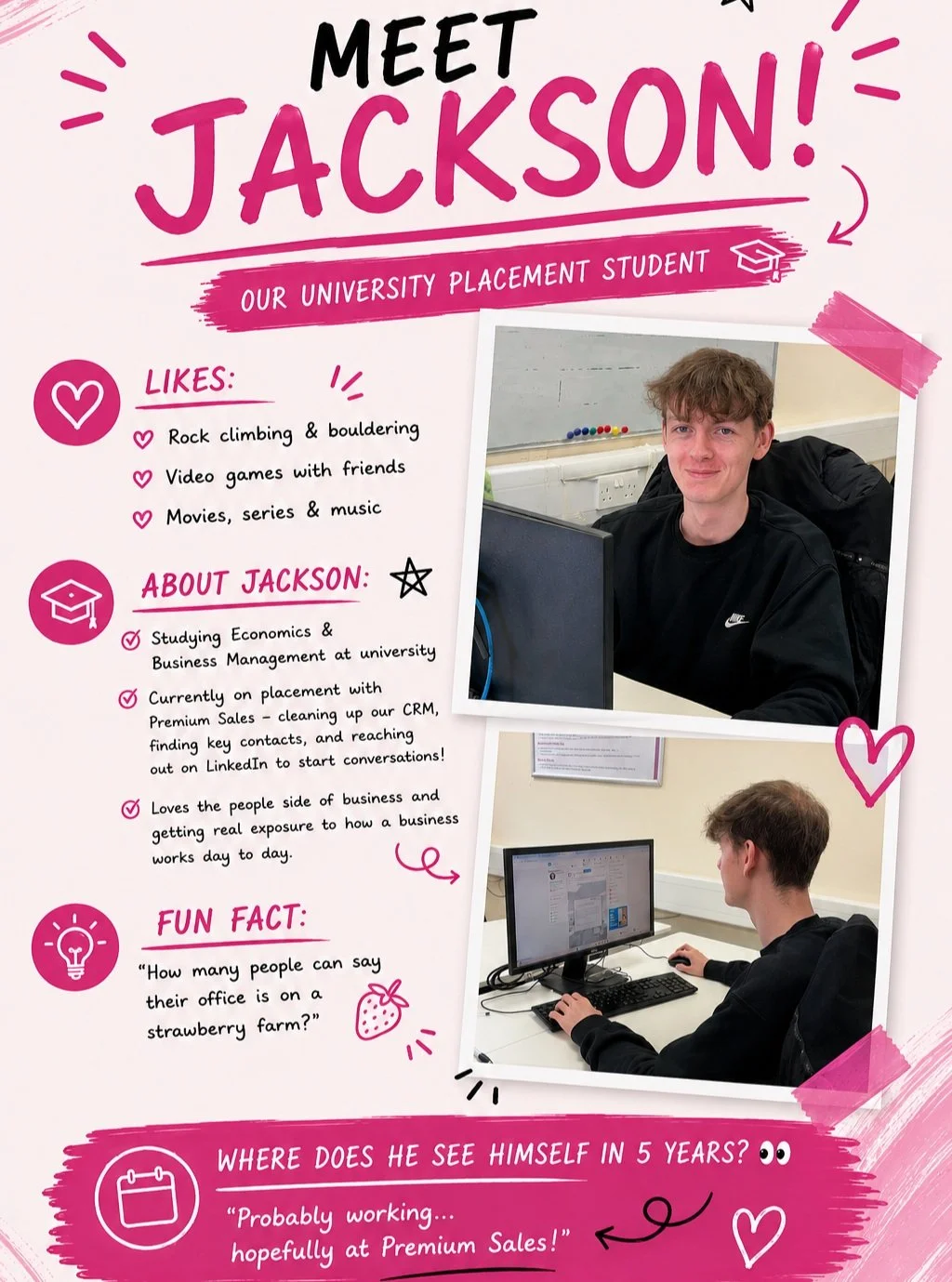 🎓 MEET JACKSON - OUR WORK EXPERIENCE STUDENT! 👋

Jackson has joined us at Premium Sales for a year-long work experience placement alongside studying Economics and Business Management at university!

Since joining, he&rsquo;s been getting stuck into