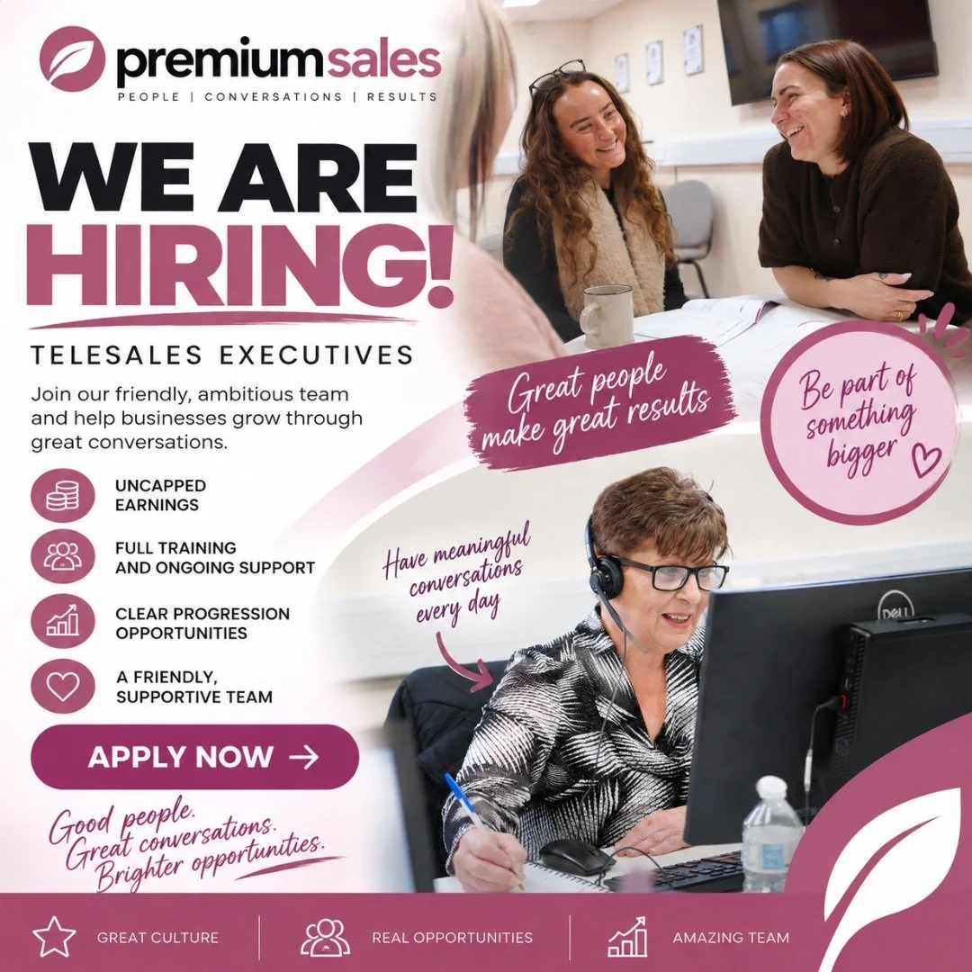 📞 WE&rsquo;RE HIRING! 💗

Are you confident, ambitious and love talking to people? You could be exactly who we&rsquo;re looking for! 👀

We&rsquo;re growing our team at Premium Sales and looking for Telesales Executives to join us.

✨ Uncapped earni
