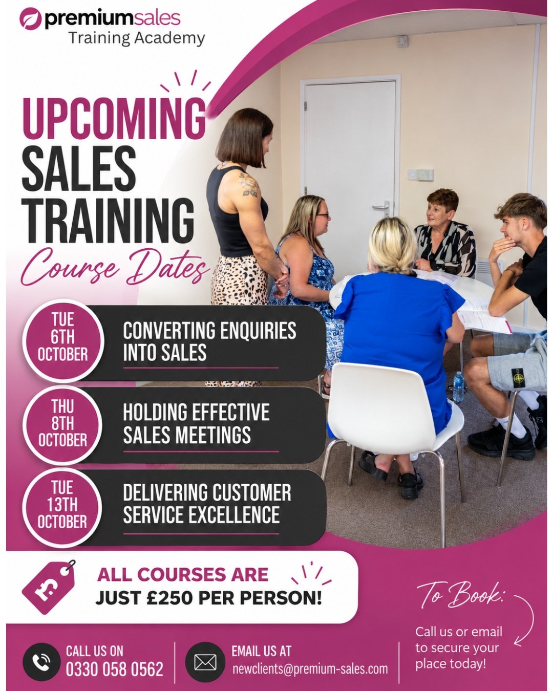 📈 UPCOMING SALES TRAINING COURSE DATES!

Ready to sharpen your skills, build confidence and get better results? Our next CPD Accredited Sales Training courses are coming up this October at the Premium Sales Training Academy in Lichfield!

📅 Tuesday