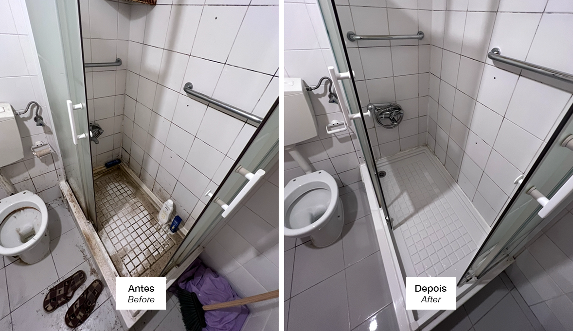 Box do banheiro antes e depois da limpeza pela Empreguet's Cleaning, com o piso do box limpo e sem manchas. | Bathroom shower stall before and after cleaning by Empreguet's Cleaning, with clean and stain-free shower floor.