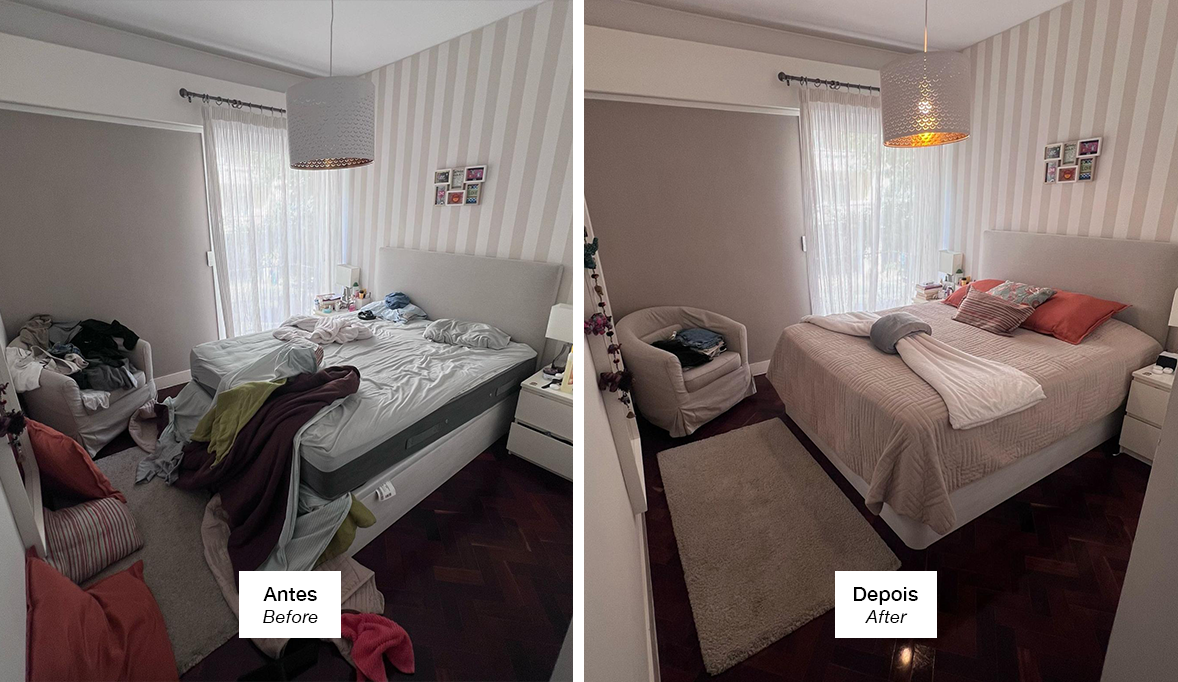 Quarto antes e depois da limpeza pela Empreguet's Cleaning, com cama arrumada, roupas organizadas e ambiente limpo. | Bedroom before and after cleaning by Empreguet's Cleaning, with made bed, organized clothes, and clean environment.