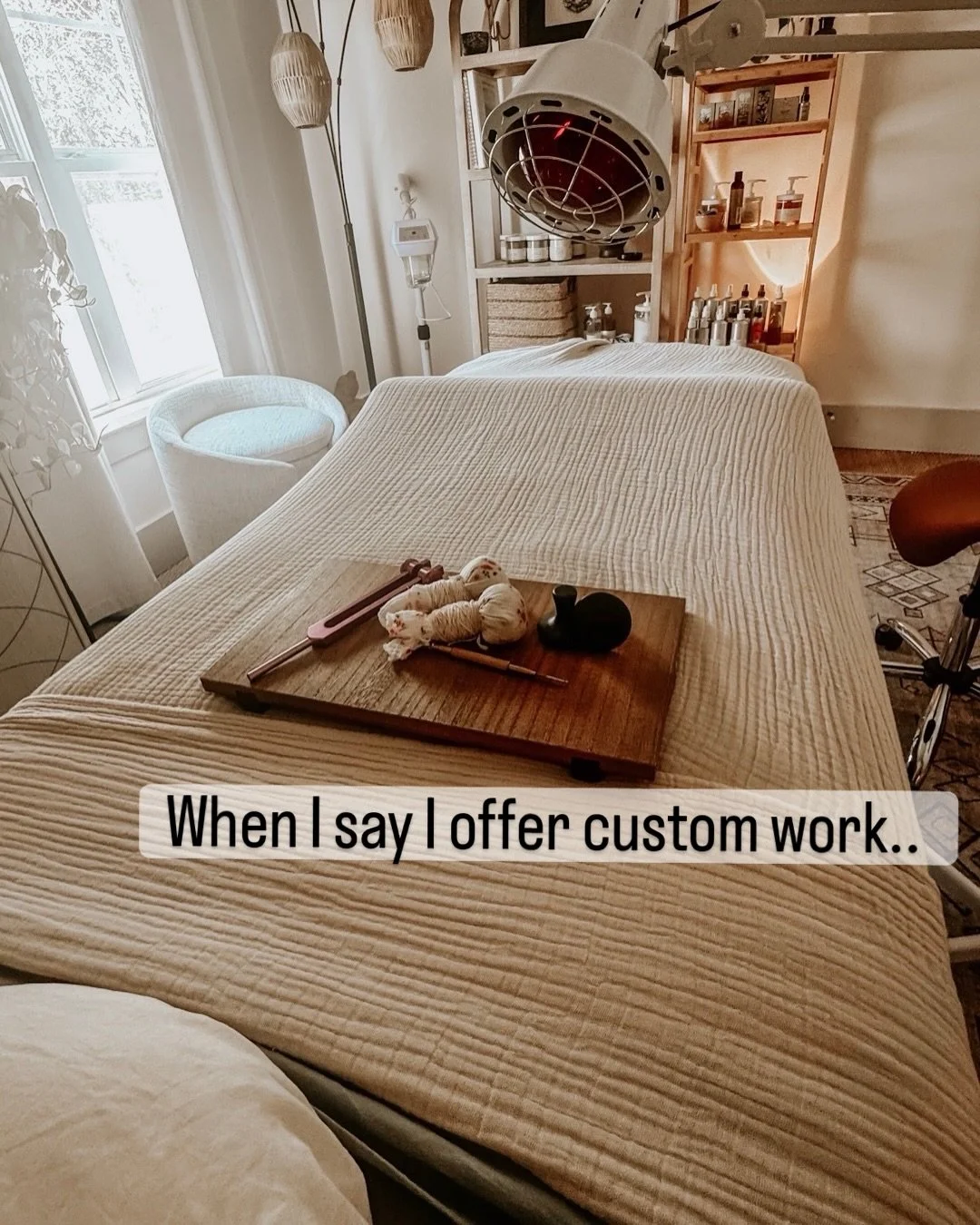 Each body is different, and every person who walks through my door comes with something unique.
When I say I put my heart into my work, I truly mean it.
If I&rsquo;m not making herbal compress balls, adding something new to my treatment room, or crea